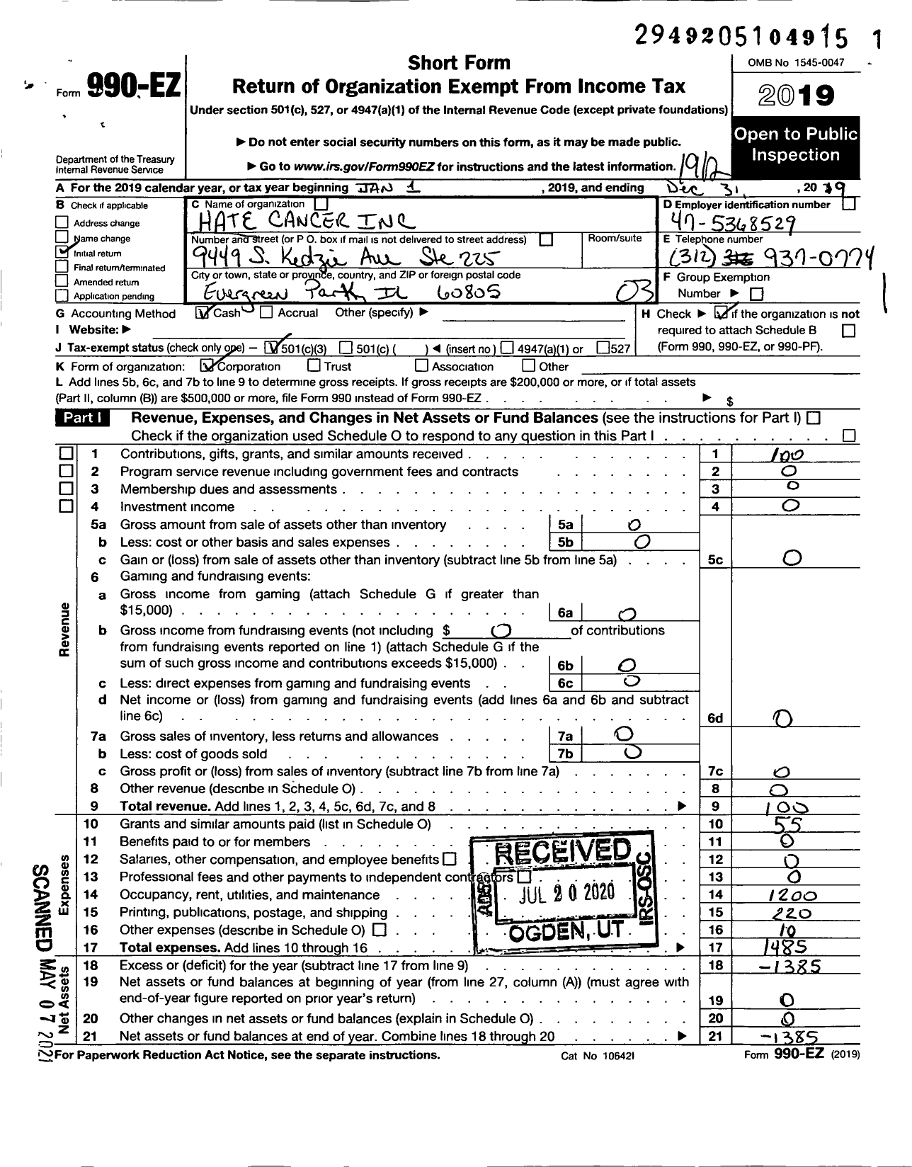 Image of first page of 2019 Form 990EZ for Hate Cancer