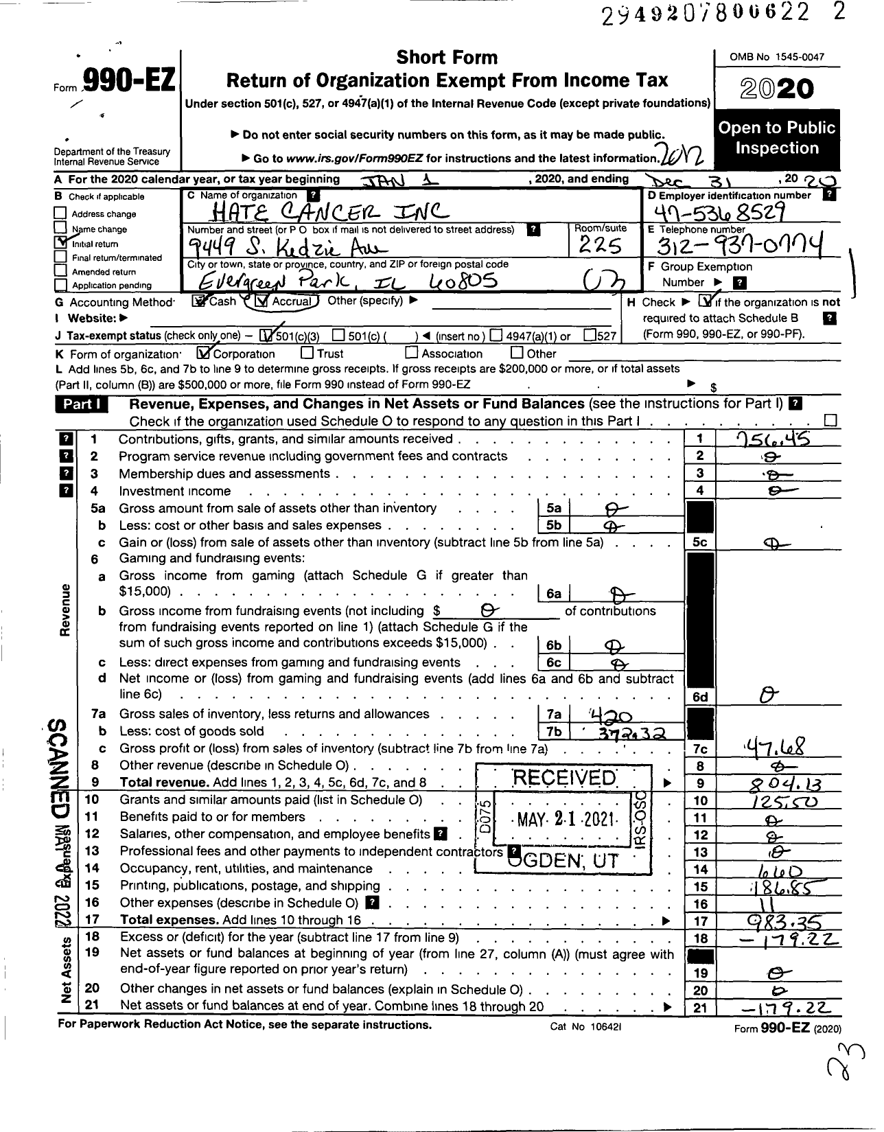 Image of first page of 2020 Form 990EZ for Hate Cancer