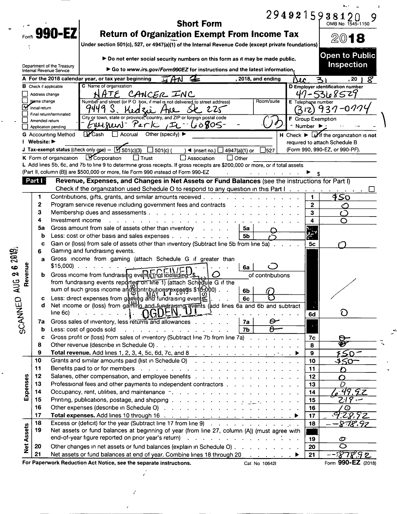 Image of first page of 2018 Form 990EZ for Hate Cancer