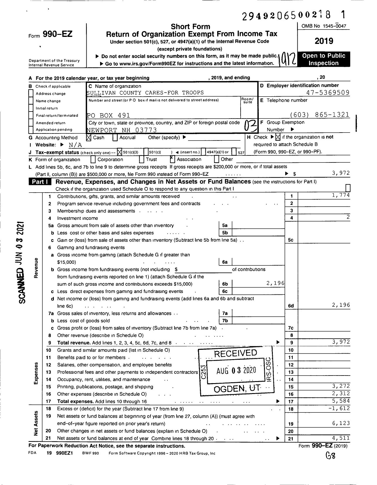 Image of first page of 2019 Form 990EZ for Sullivan County Cares