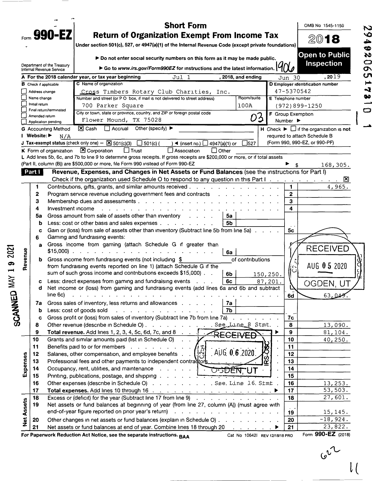 Image of first page of 2018 Form 990EZ for Cross Timbers Rotary Club Charities