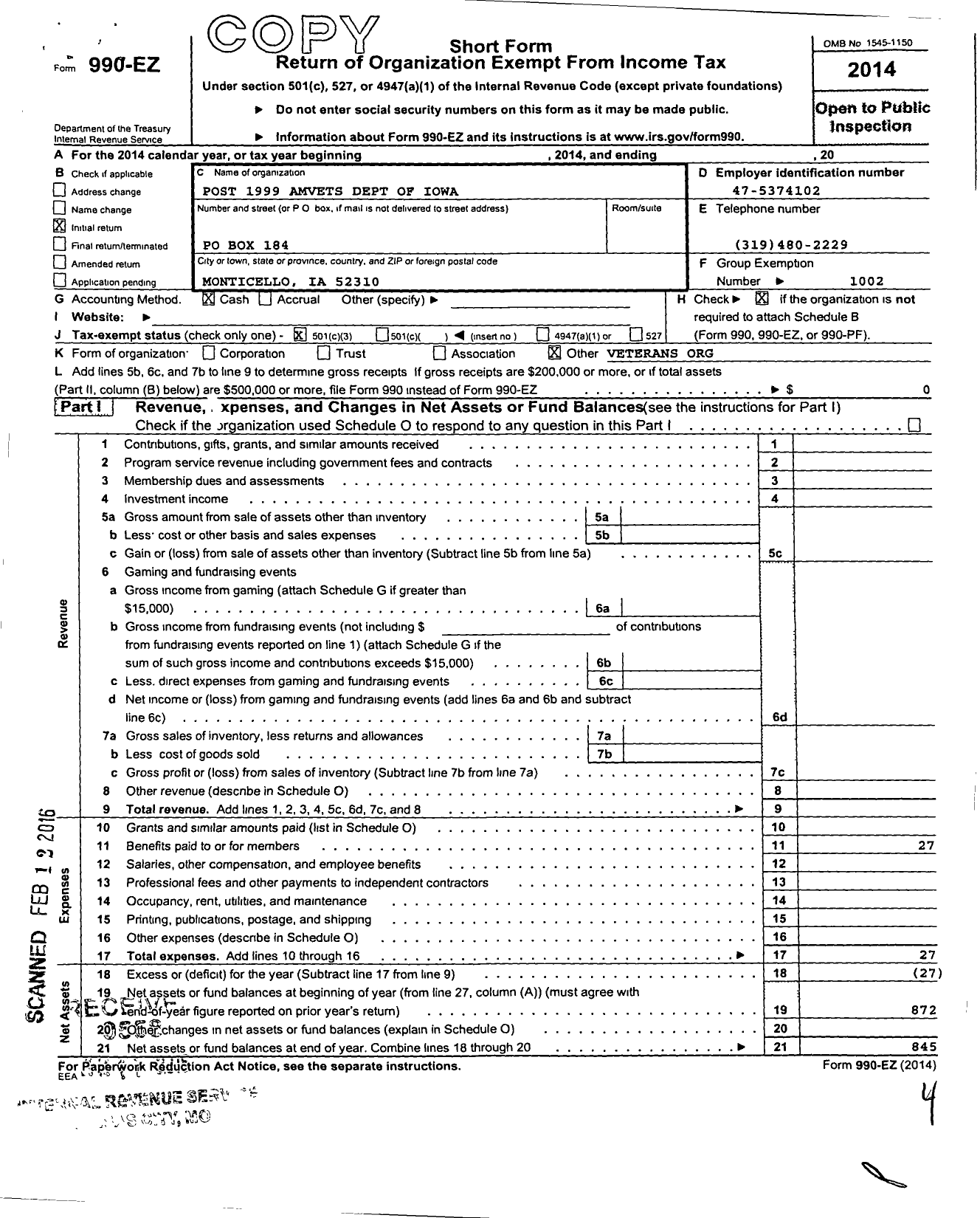 Image of first page of 2014 Form 990EZ for Post 1999 Amvets Dept of Iowa