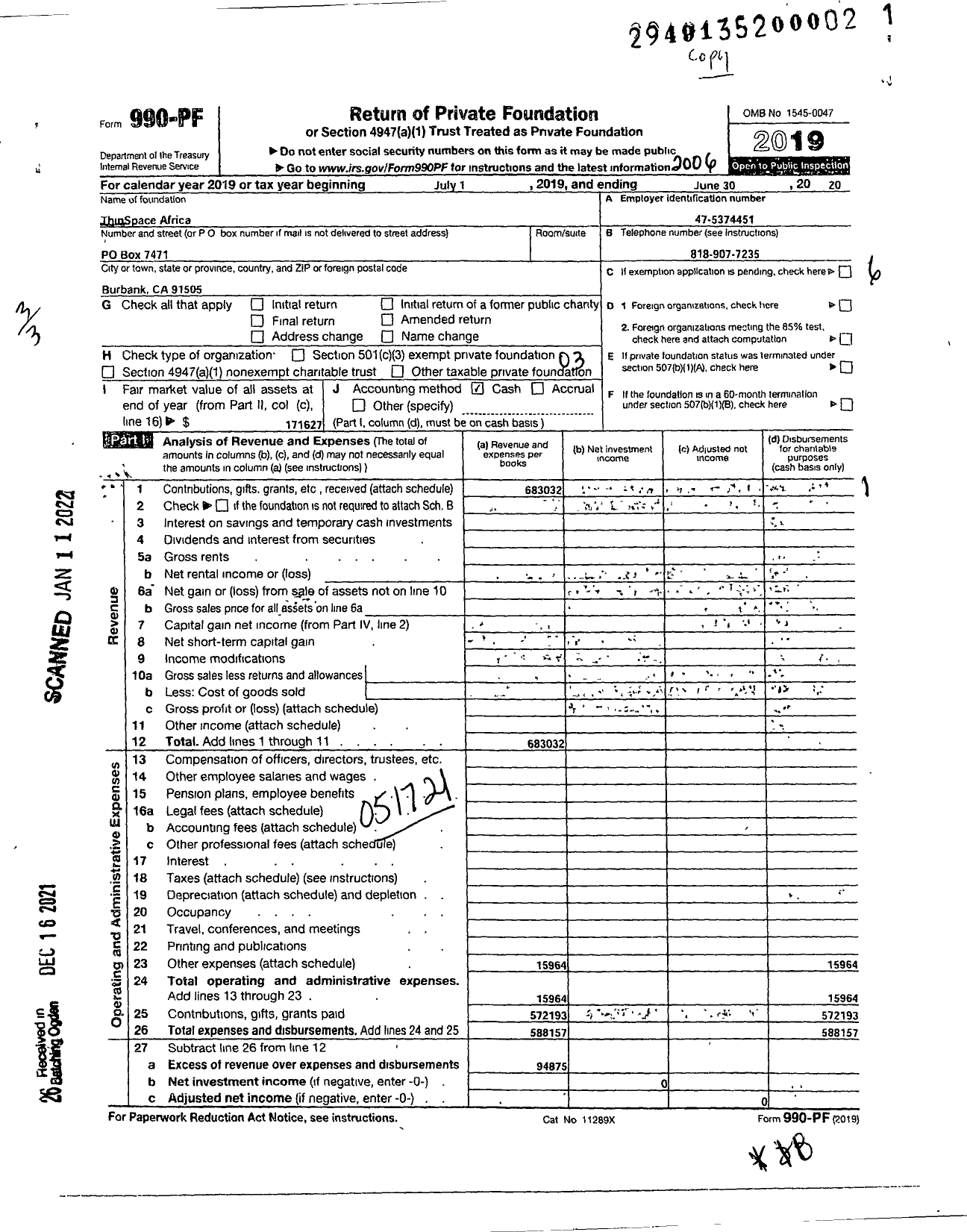 Image of first page of 2019 Form 990PF for ThinSpace Africa