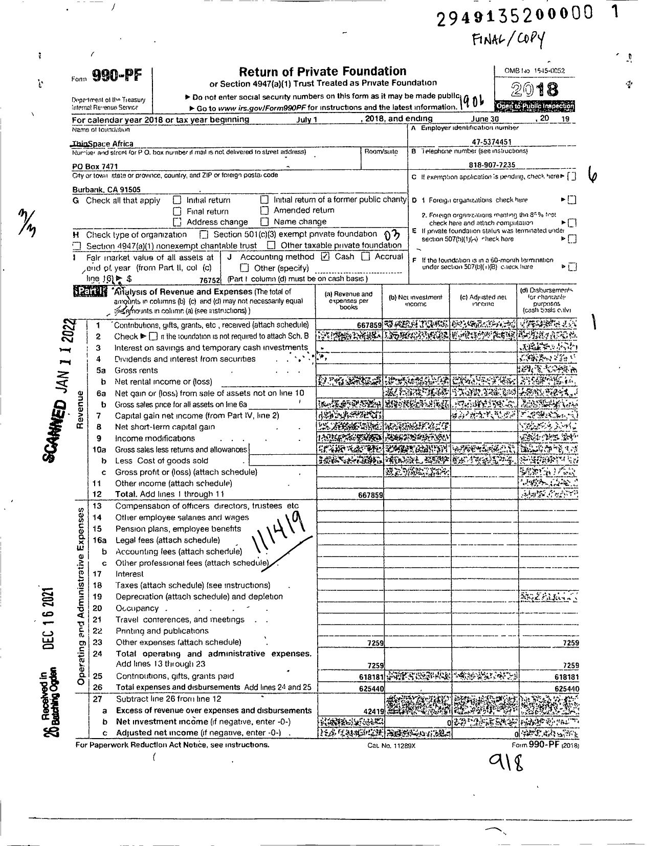 Image of first page of 2018 Form 990PF for ThinSpace Africa