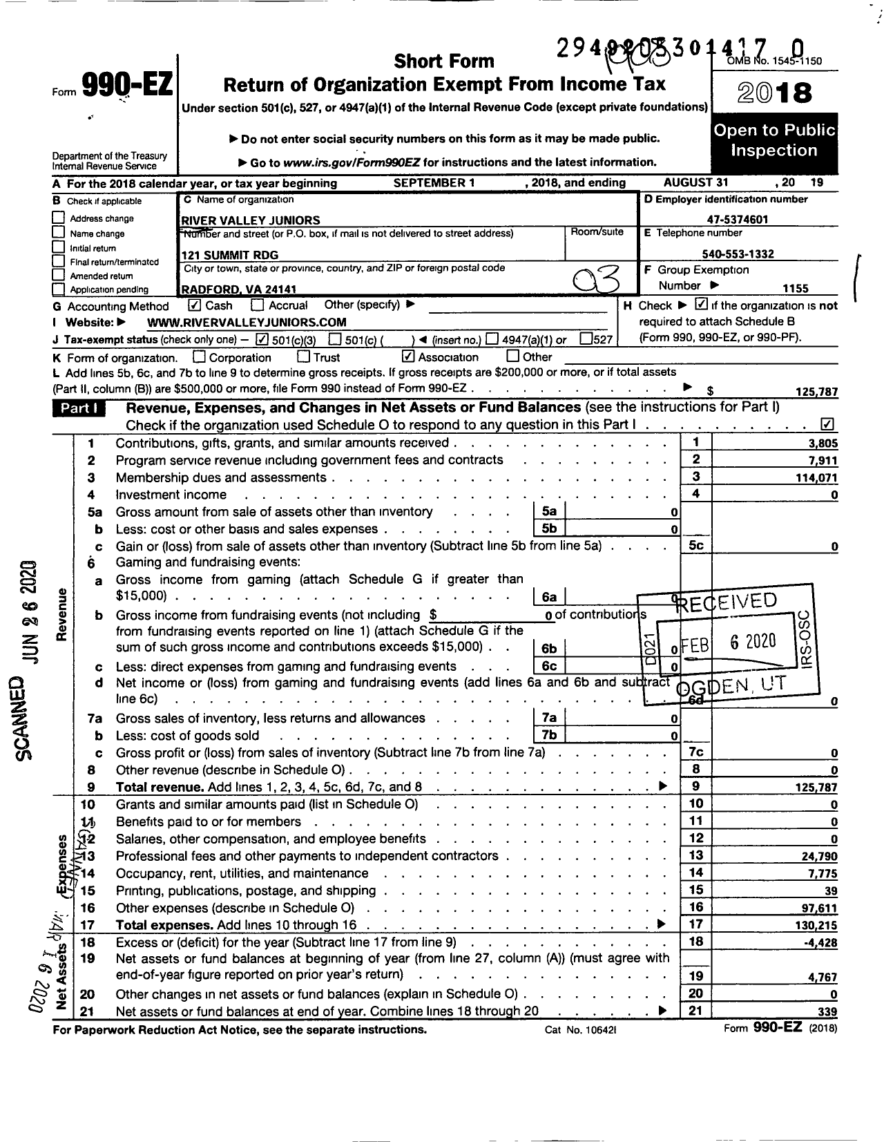 Image of first page of 2018 Form 990EZ for Amateur Athletic Union - River Valley Juniors