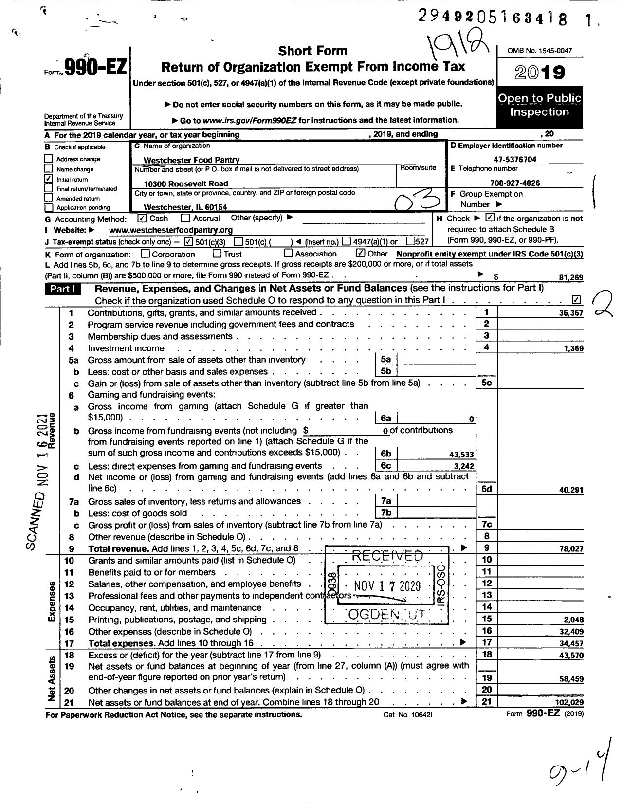 Image of first page of 2019 Form 990EZ for Westchester Food Pantry