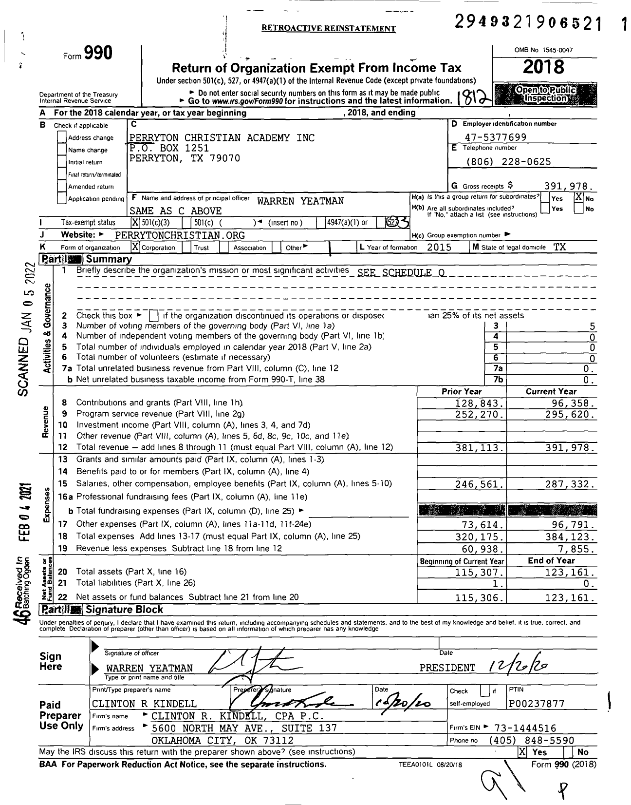 Image of first page of 2018 Form 990 for Perryton Christian Academy