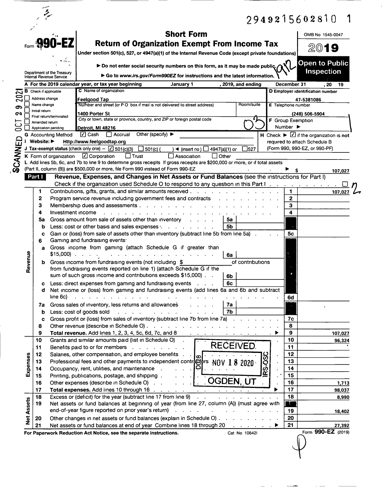 Image of first page of 2019 Form 990EZ for Feelgood Tap