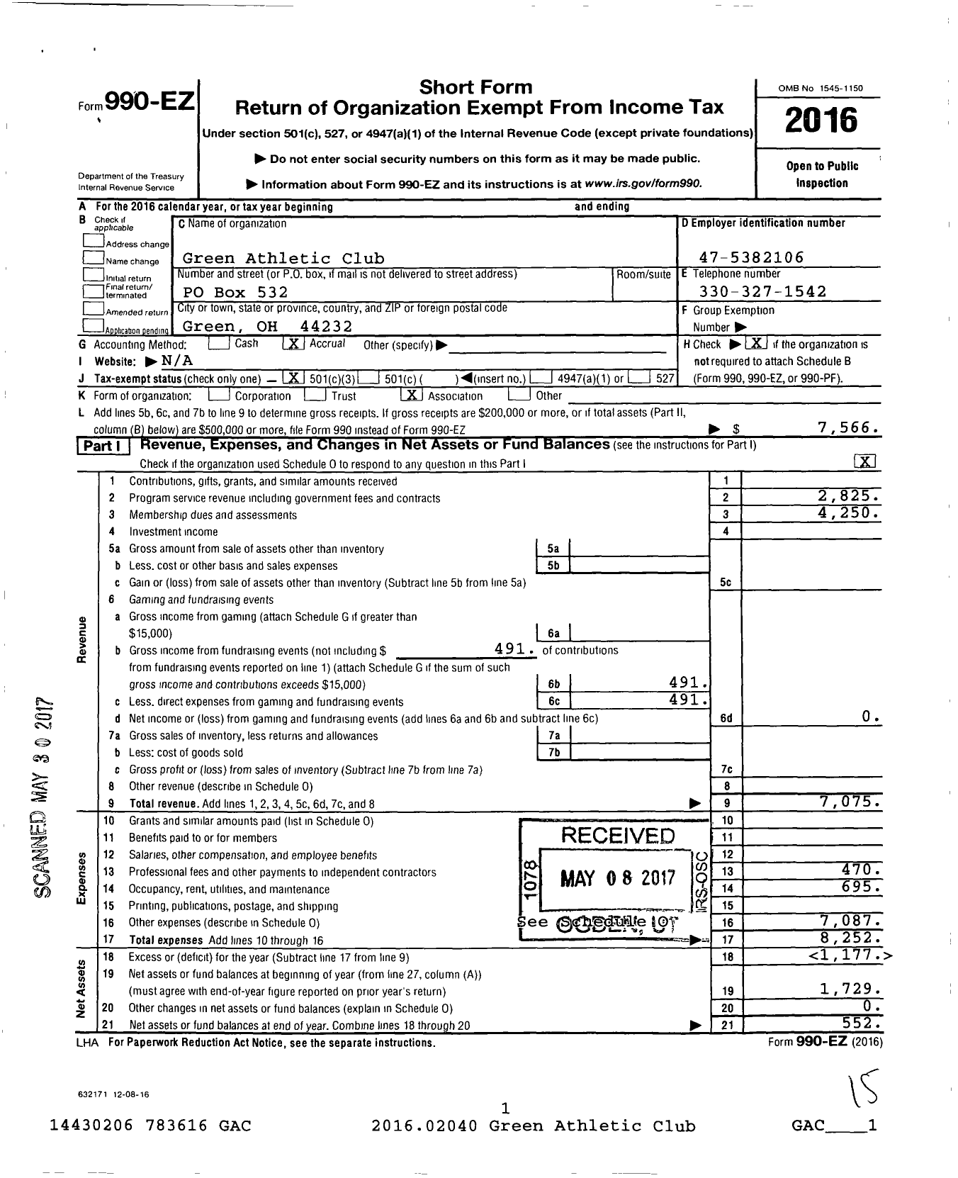 Image of first page of 2016 Form 990EZ for Green Athletic Club