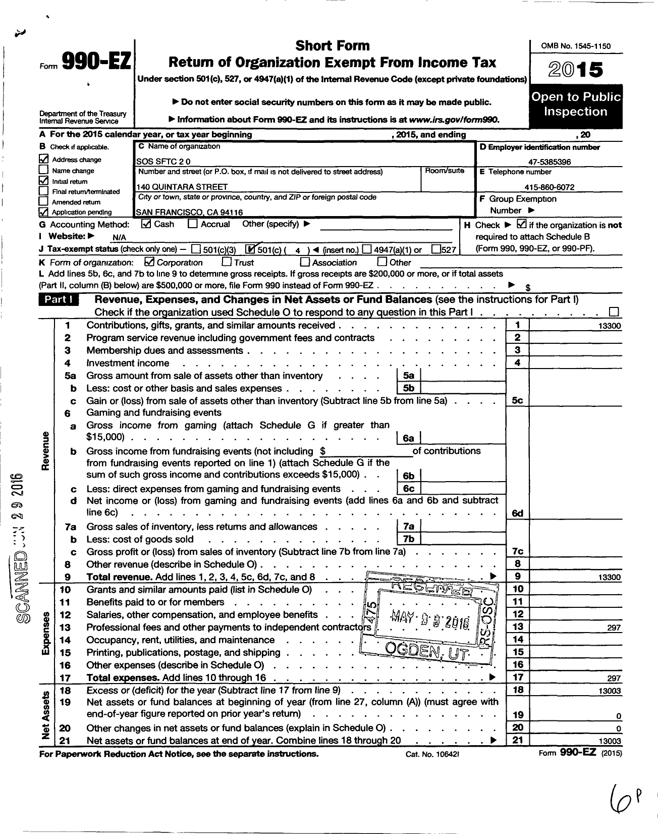 Image of first page of 2015 Form 990EO for San Franciscans for Sports And Recreation