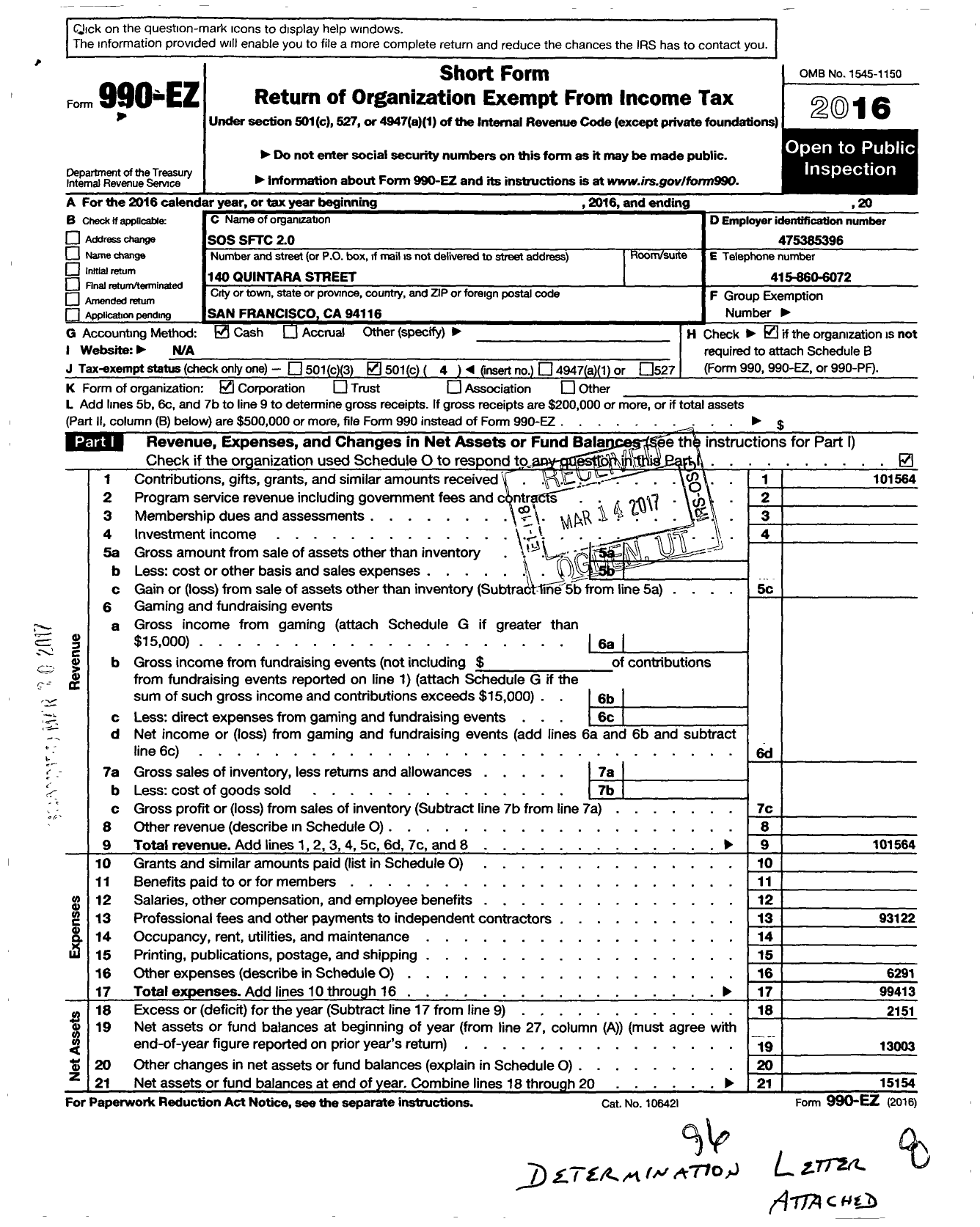 Image of first page of 2016 Form 990EO for San Franciscans for Sports And Recreation