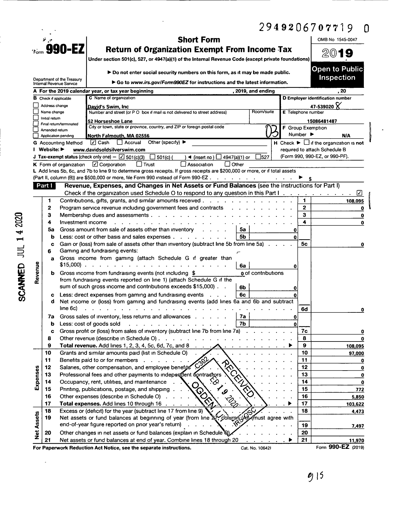 Image of first page of 2019 Form 990EZ for David's Swim