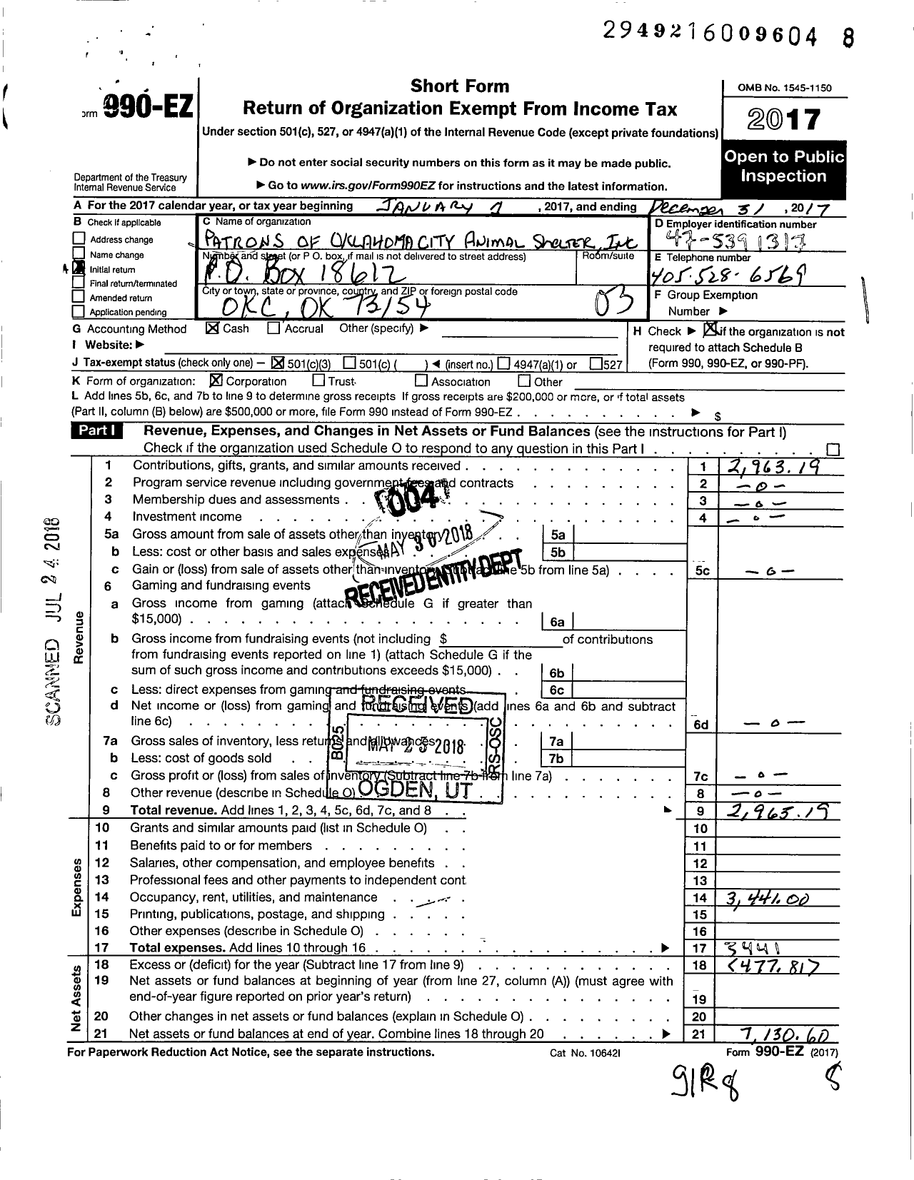 Image of first page of 2017 Form 990EZ for Patrons of the Oklahoma City Animal Shelter