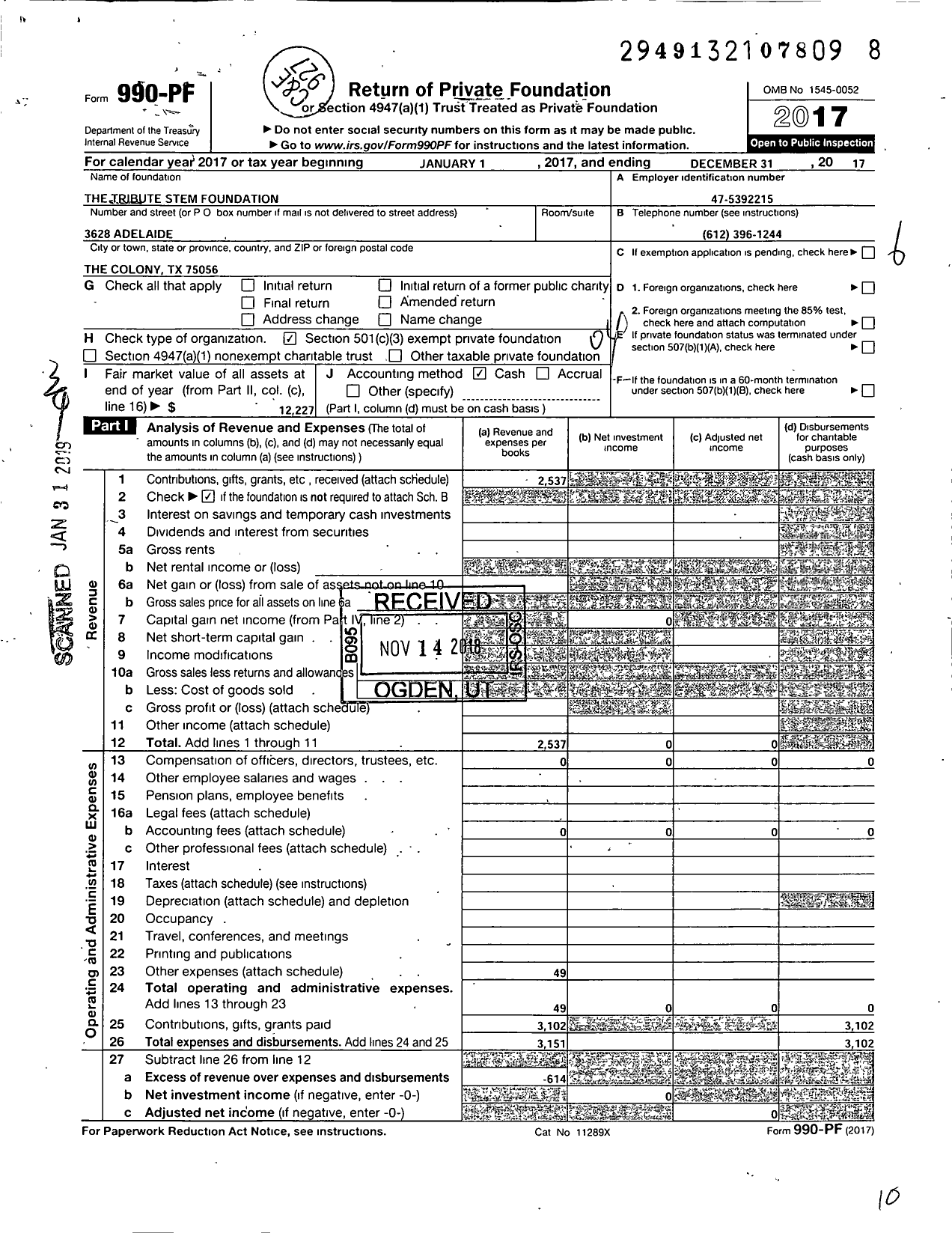 Image of first page of 2017 Form 990PF for The Tribute Stem Foundation