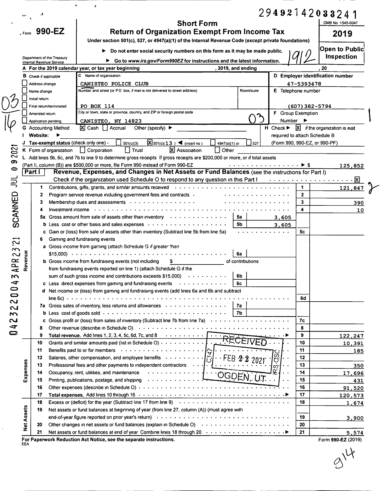 Image of first page of 2019 Form 990EZ for Canisteo Police Club