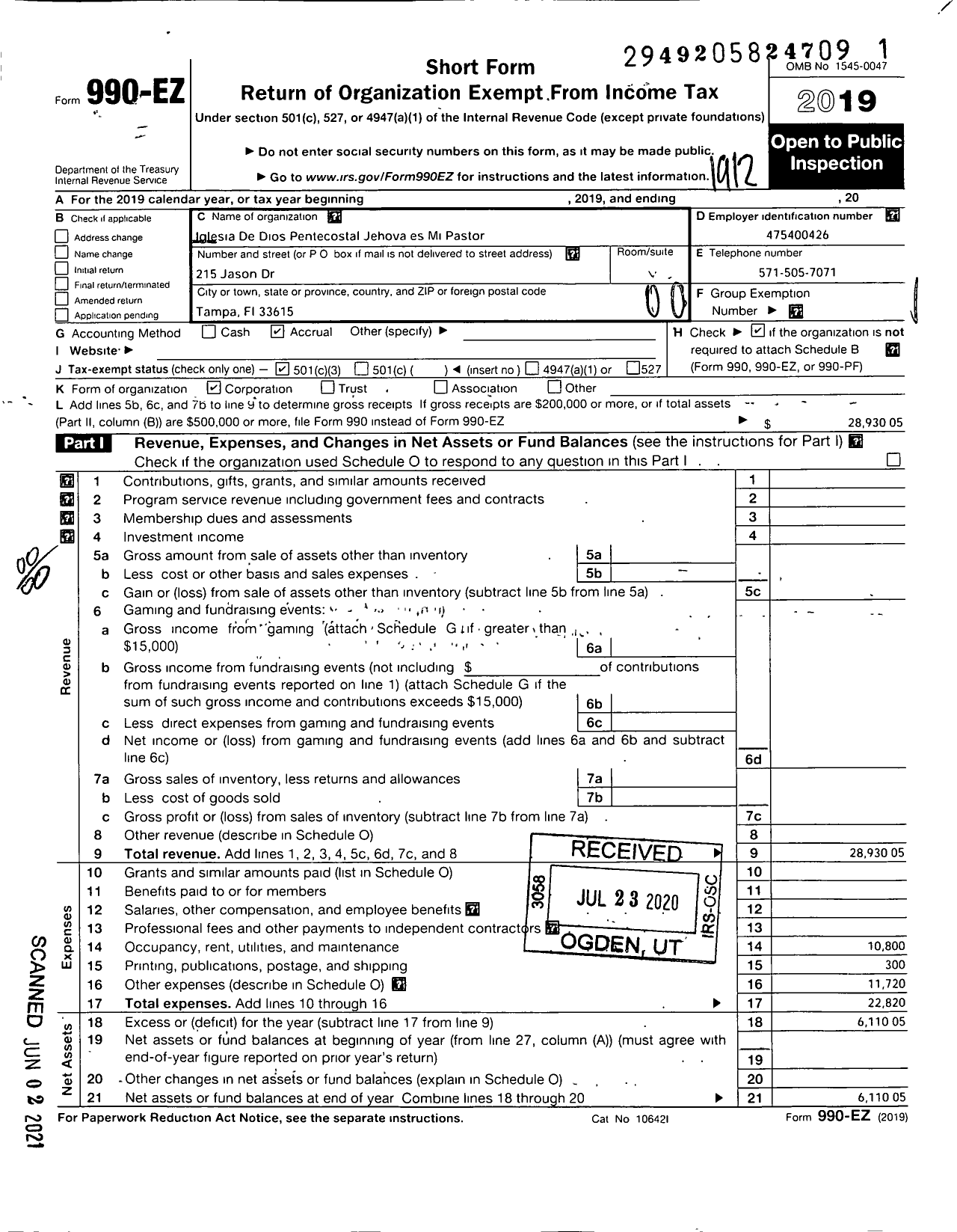 Image of first page of 2019 Form 990EO for Iglesia de Dios Pentecostal Jehova Es Mi Pastor Corporation