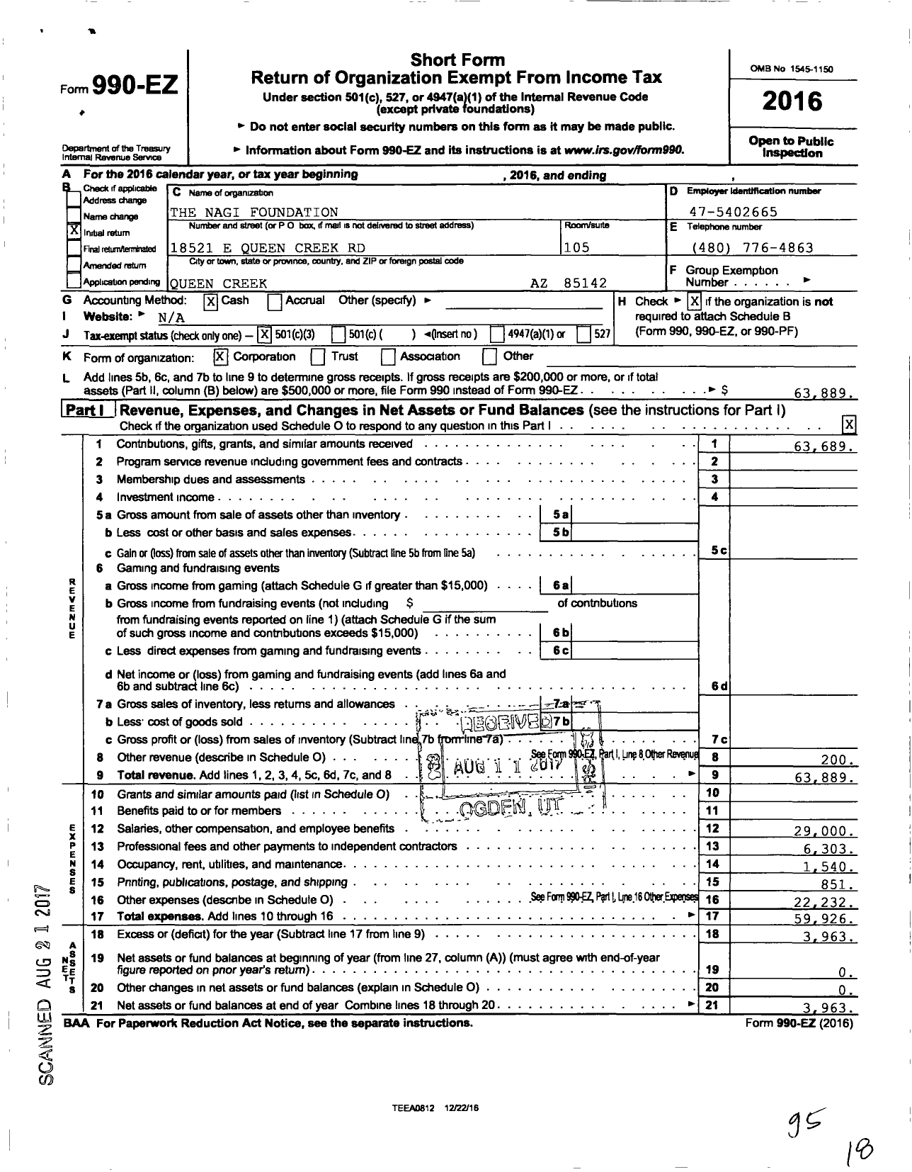 Image of first page of 2016 Form 990EZ for Nagi Foundation