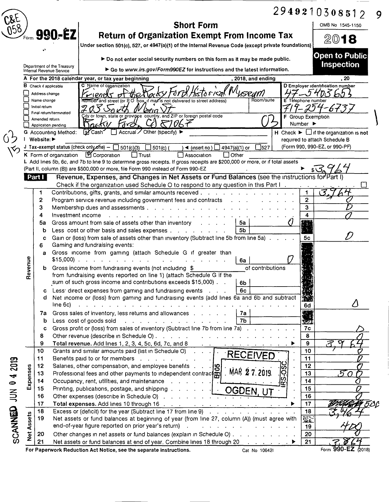 Image of first page of 2018 Form 990EZ for The Friends of Historic Southeast Colorado