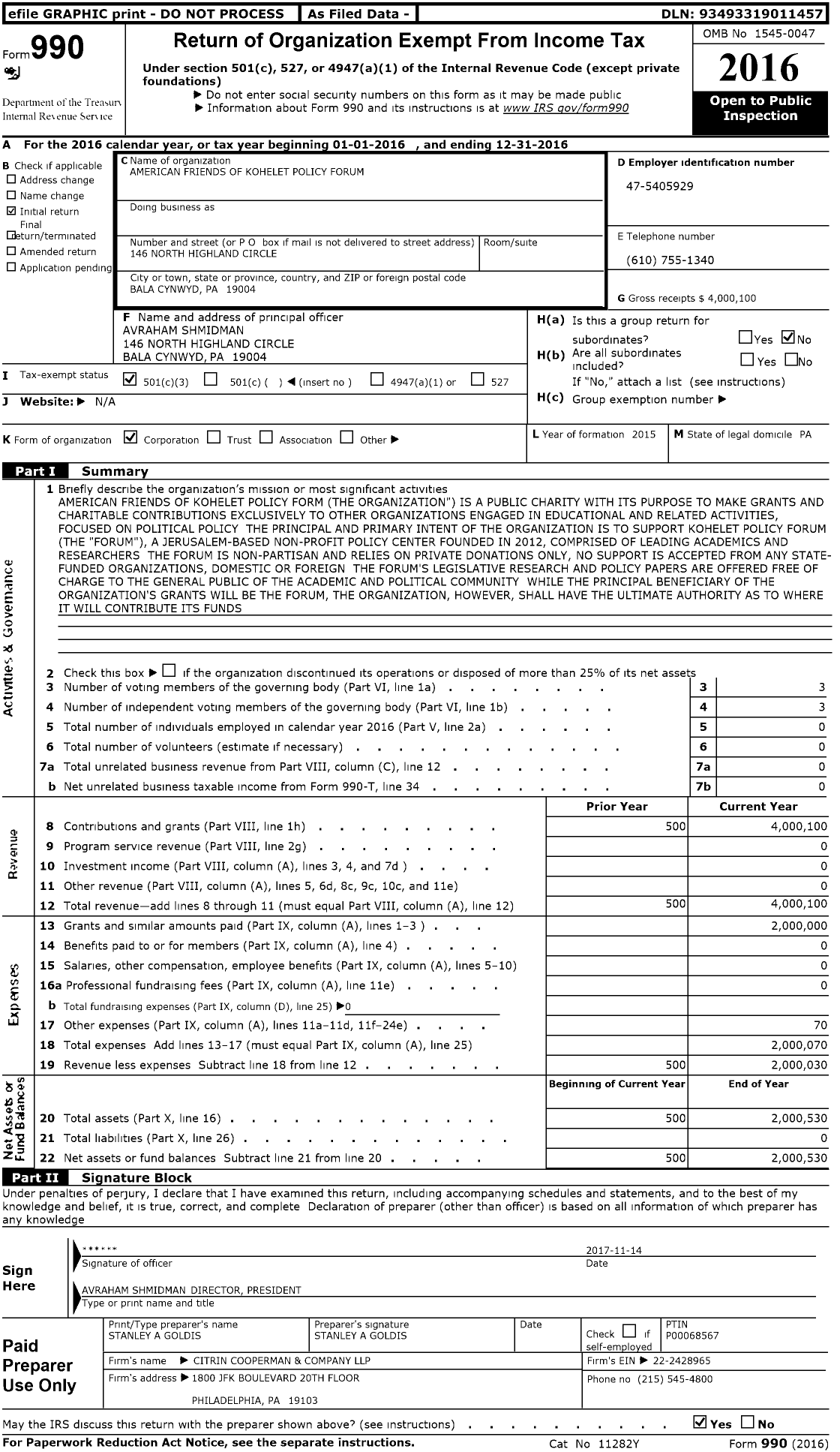 Image of first page of 2016 Form 990 for American Friends of Kohelet Policy Forum
