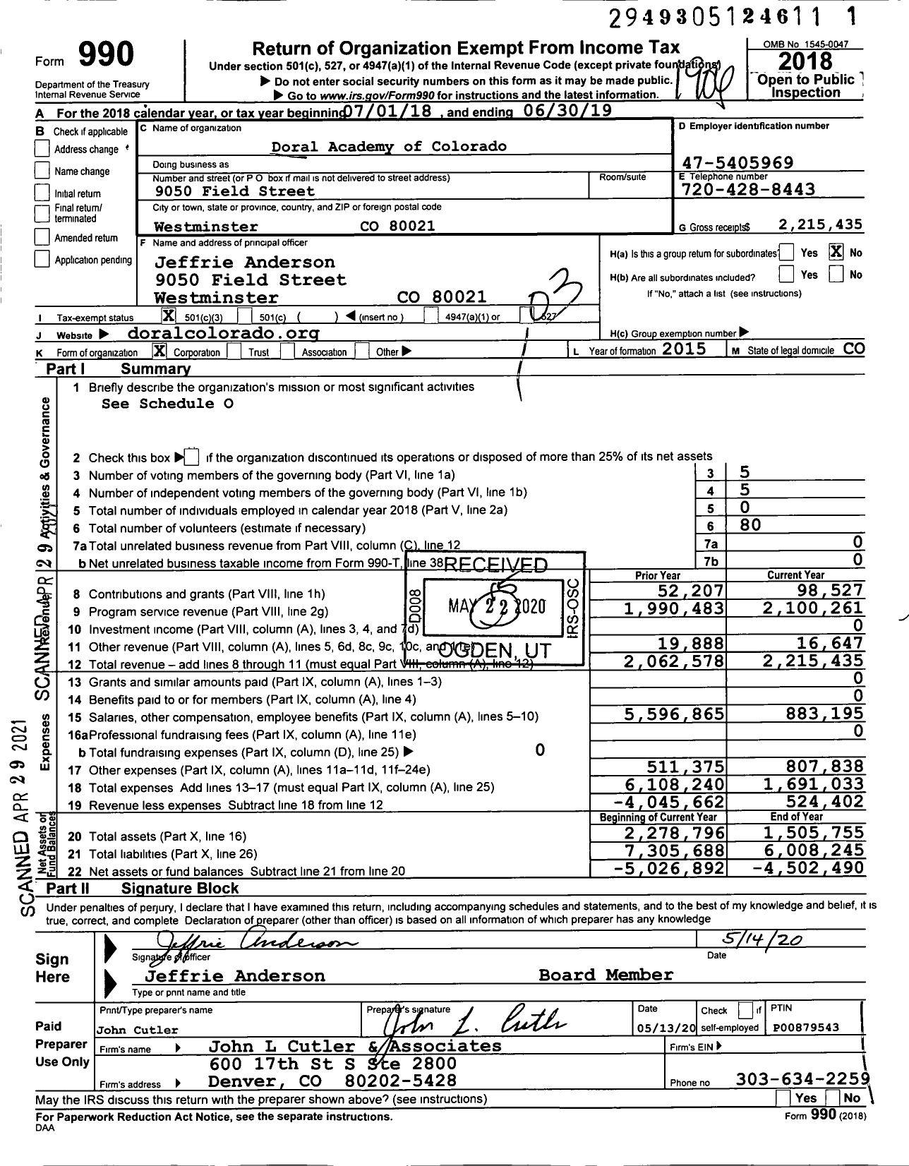 Image of first page of 2018 Form 990 for Doral Academy of Colorado