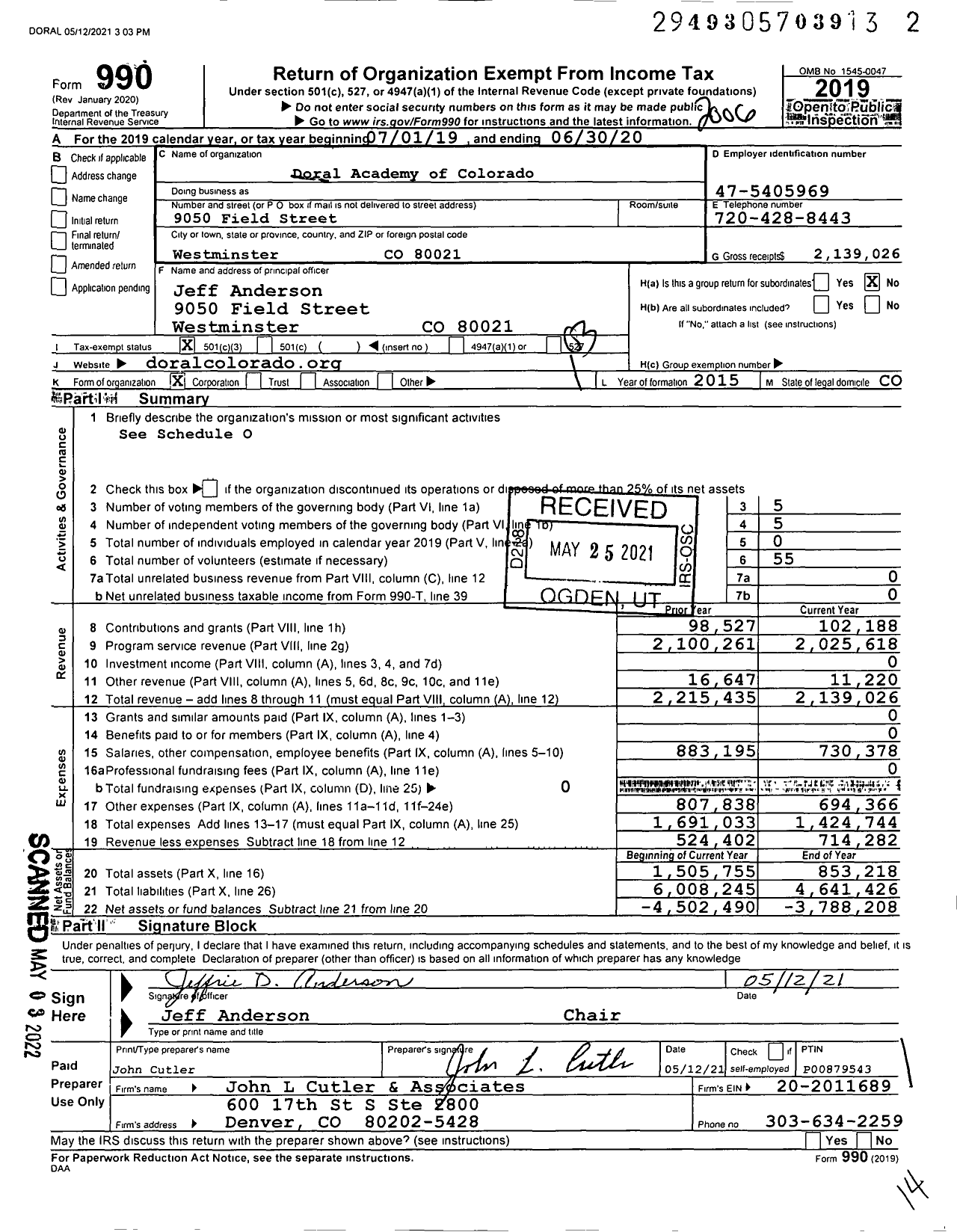 Image of first page of 2019 Form 990 for Doral Academy of Colorado