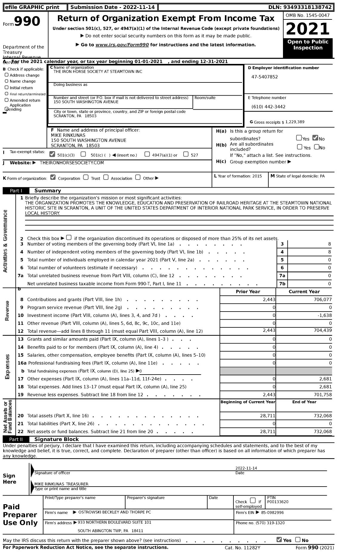 Image of first page of 2021 Form 990 for The Iron Horse Society at Steamtown Incorporated