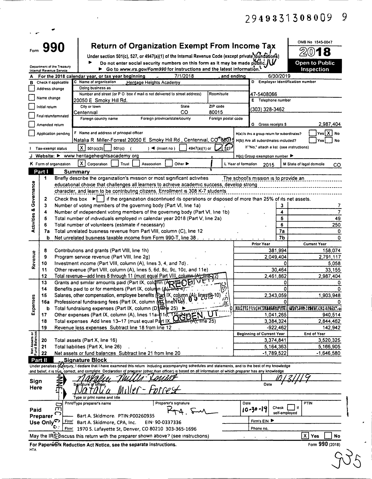 Image of first page of 2018 Form 990 for Heritage Heights Academy