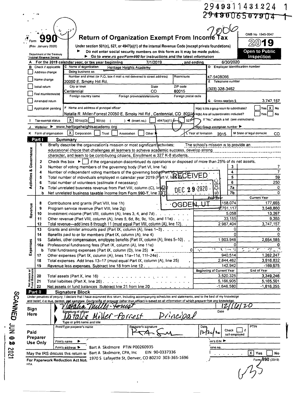 Image of first page of 2019 Form 990 for Heritage Heights Academy