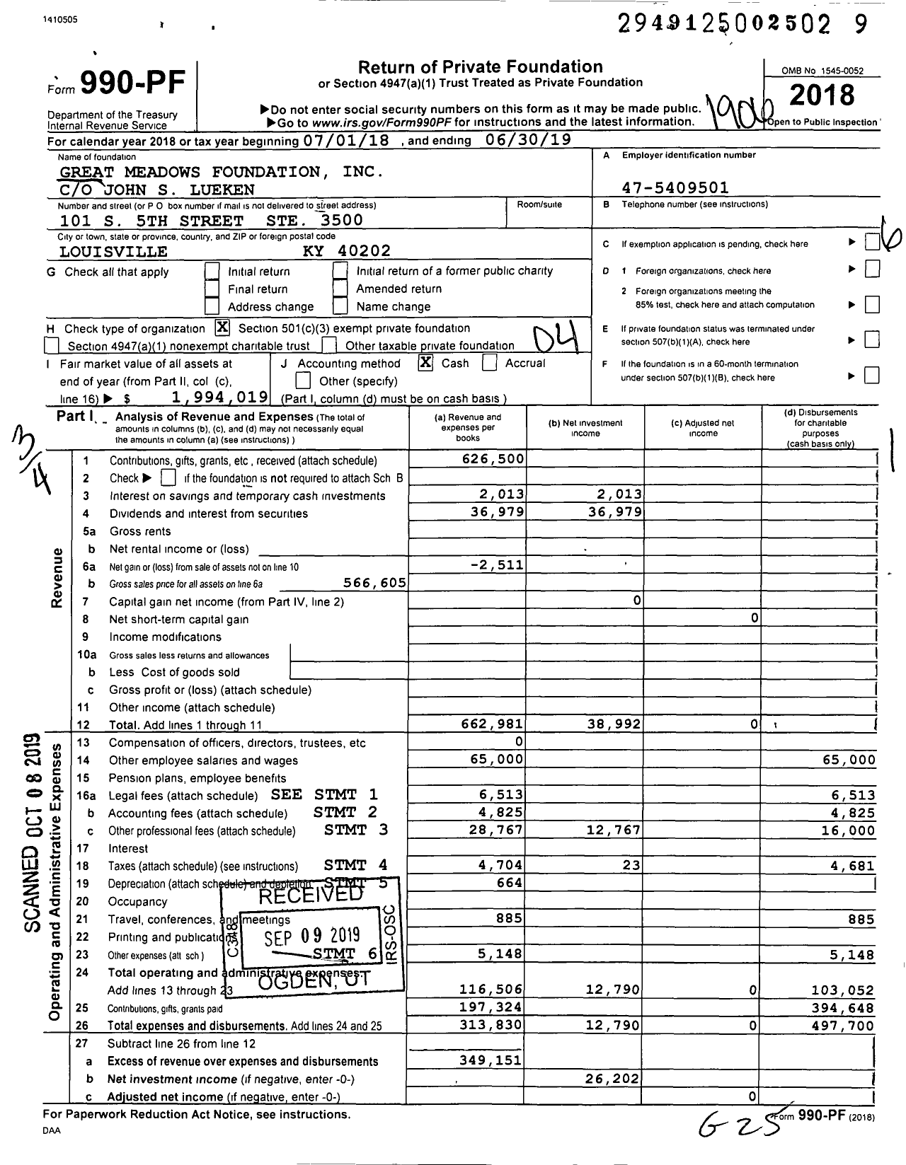 Image of first page of 2018 Form 990PF for Great Meadows Foundation