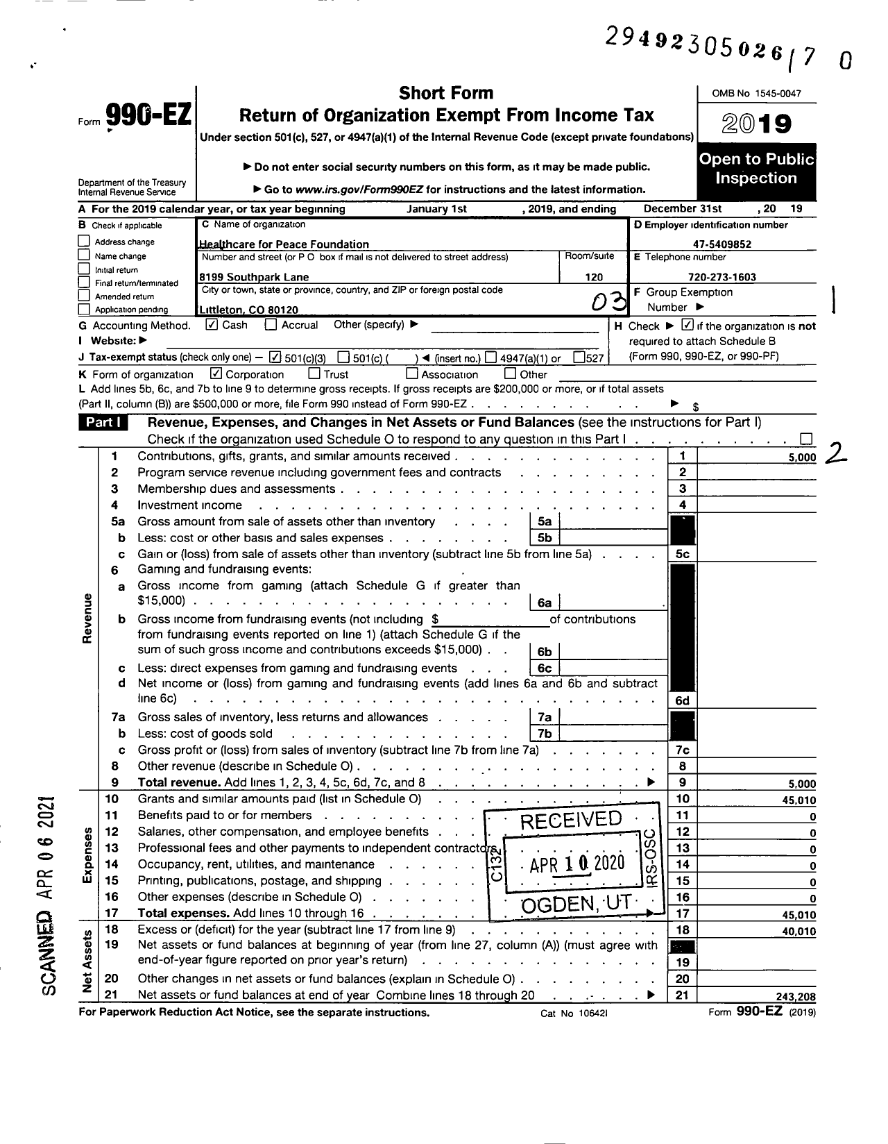 Image of first page of 2019 Form 990EZ for Healthcare for Peace Foundation