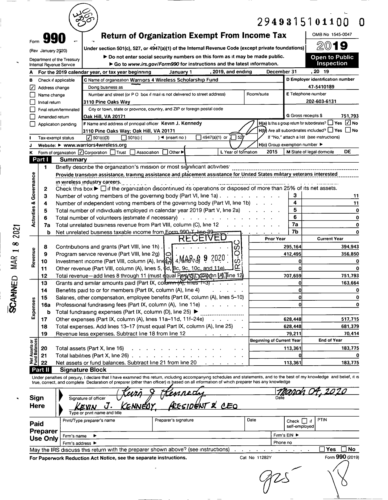 Image of first page of 2019 Form 990 for Warriors 4 Wireless Scholarship Fund