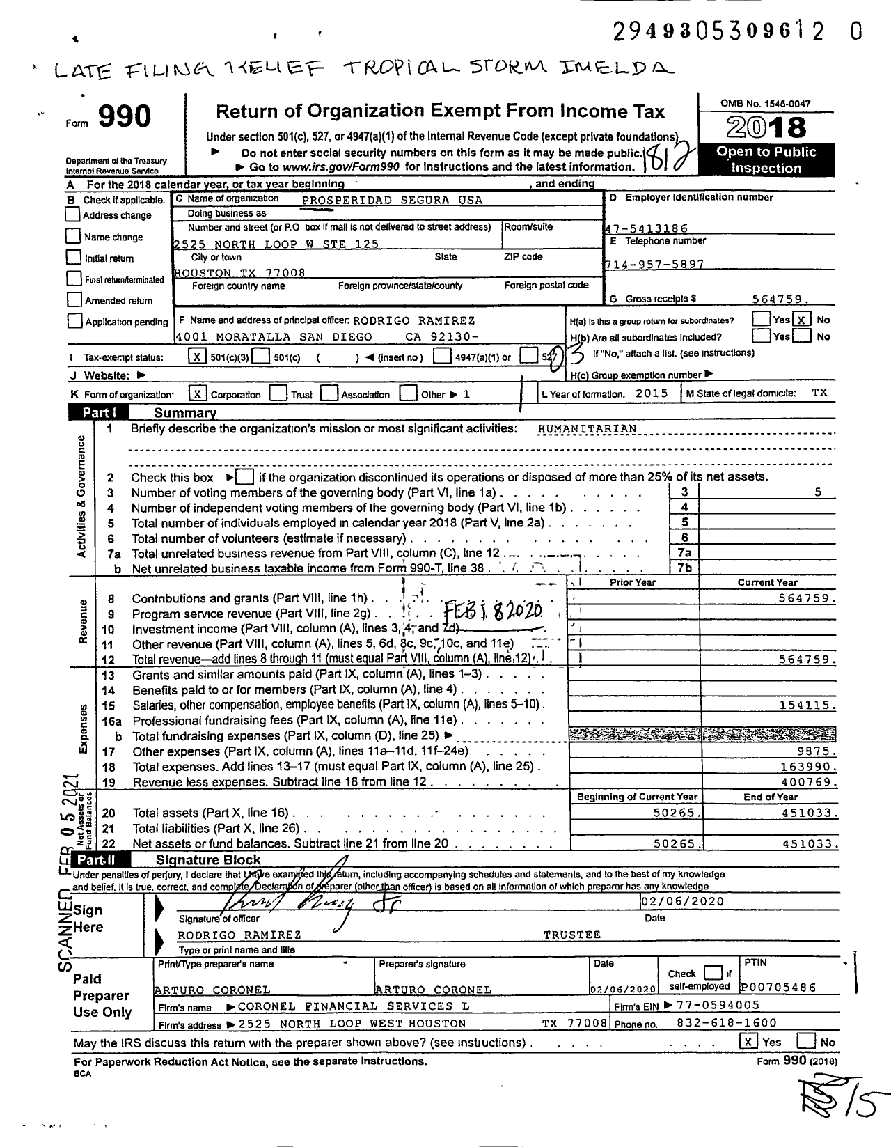 Image of first page of 2018 Form 990 for Prosperidad Segura USA