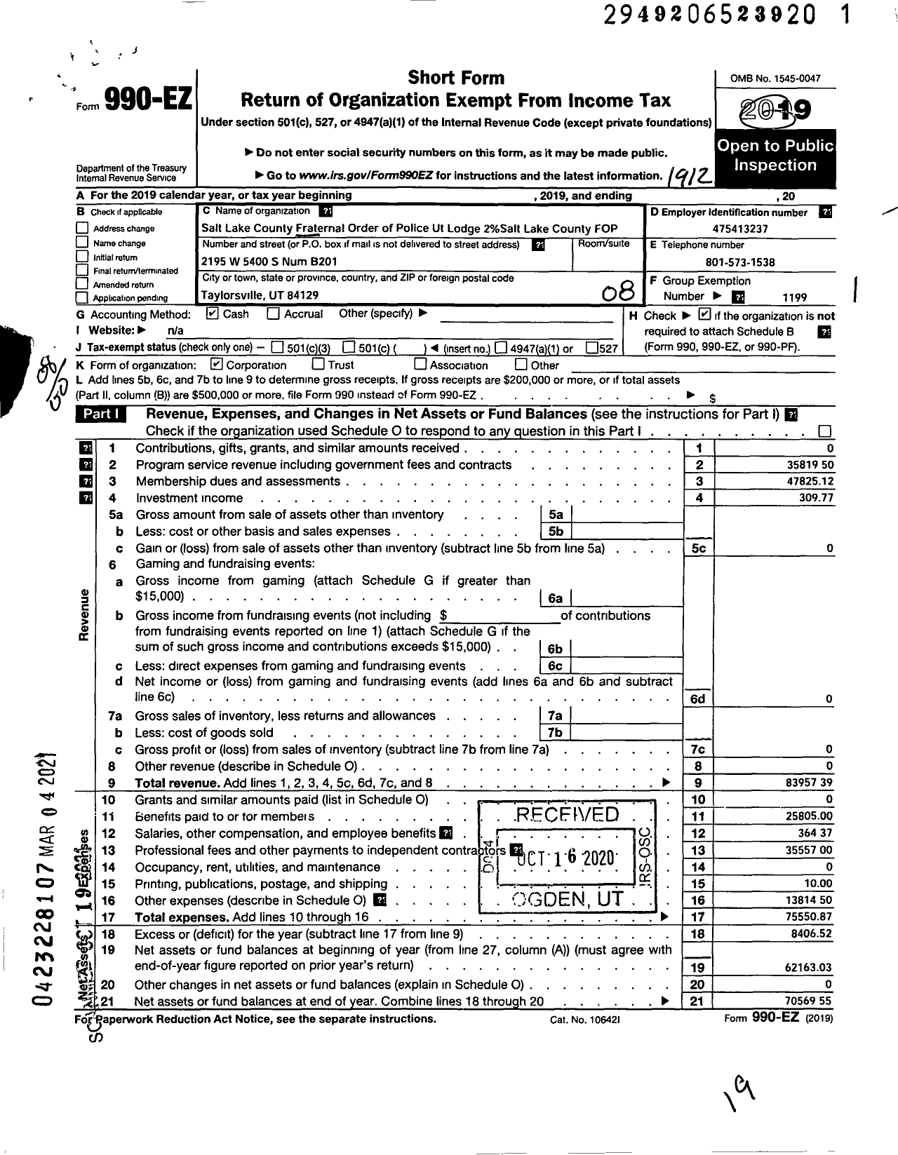 Image of first page of 2019 Form 990EO for FRATERNAL Order of Police - 2 Salt Lake Ut FOP LDG