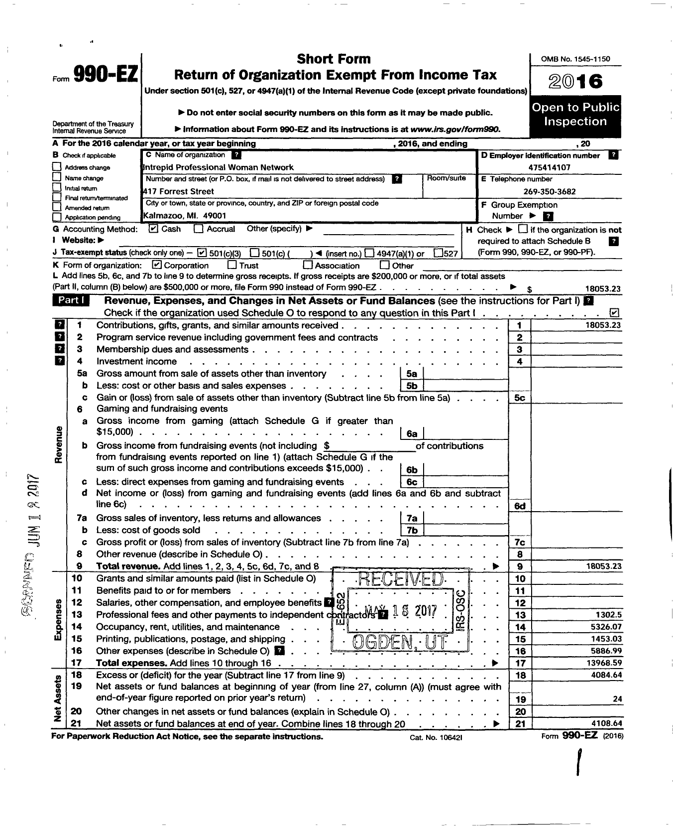 Image of first page of 2016 Form 990EZ for Intrepid Professional Women Network