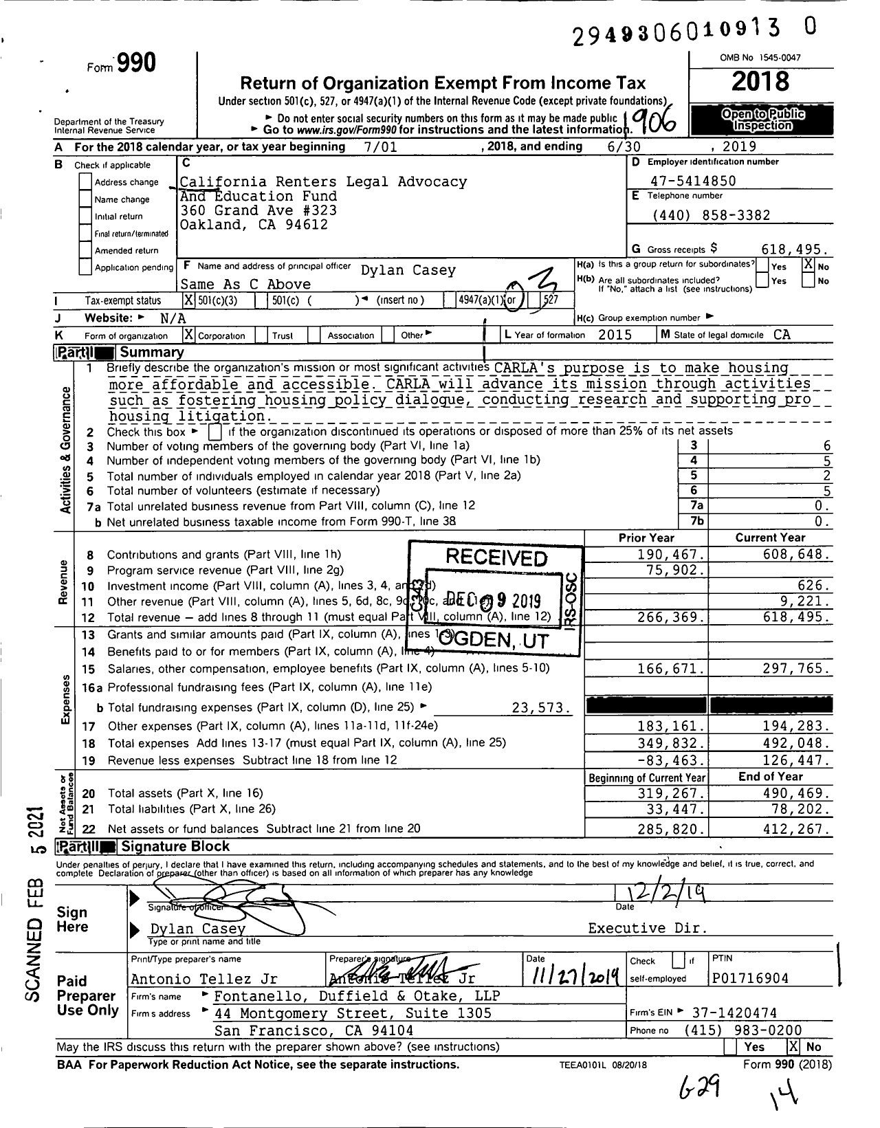 Image of first page of 2018 Form 990 for California Housing Defense Fund