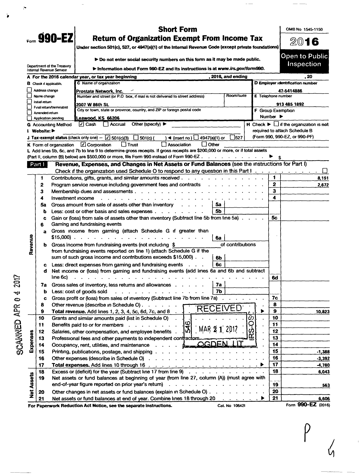 Image of first page of 2016 Form 990EZ for Prostate Network