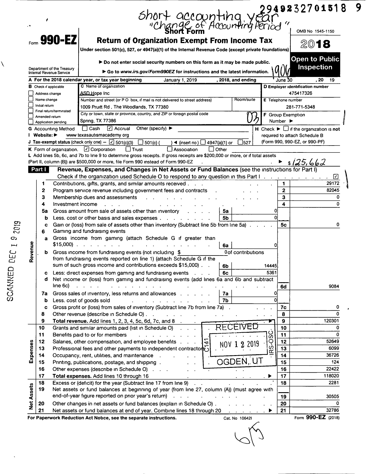 Image of first page of 2018 Form 990EZ for Texas Autism Academy