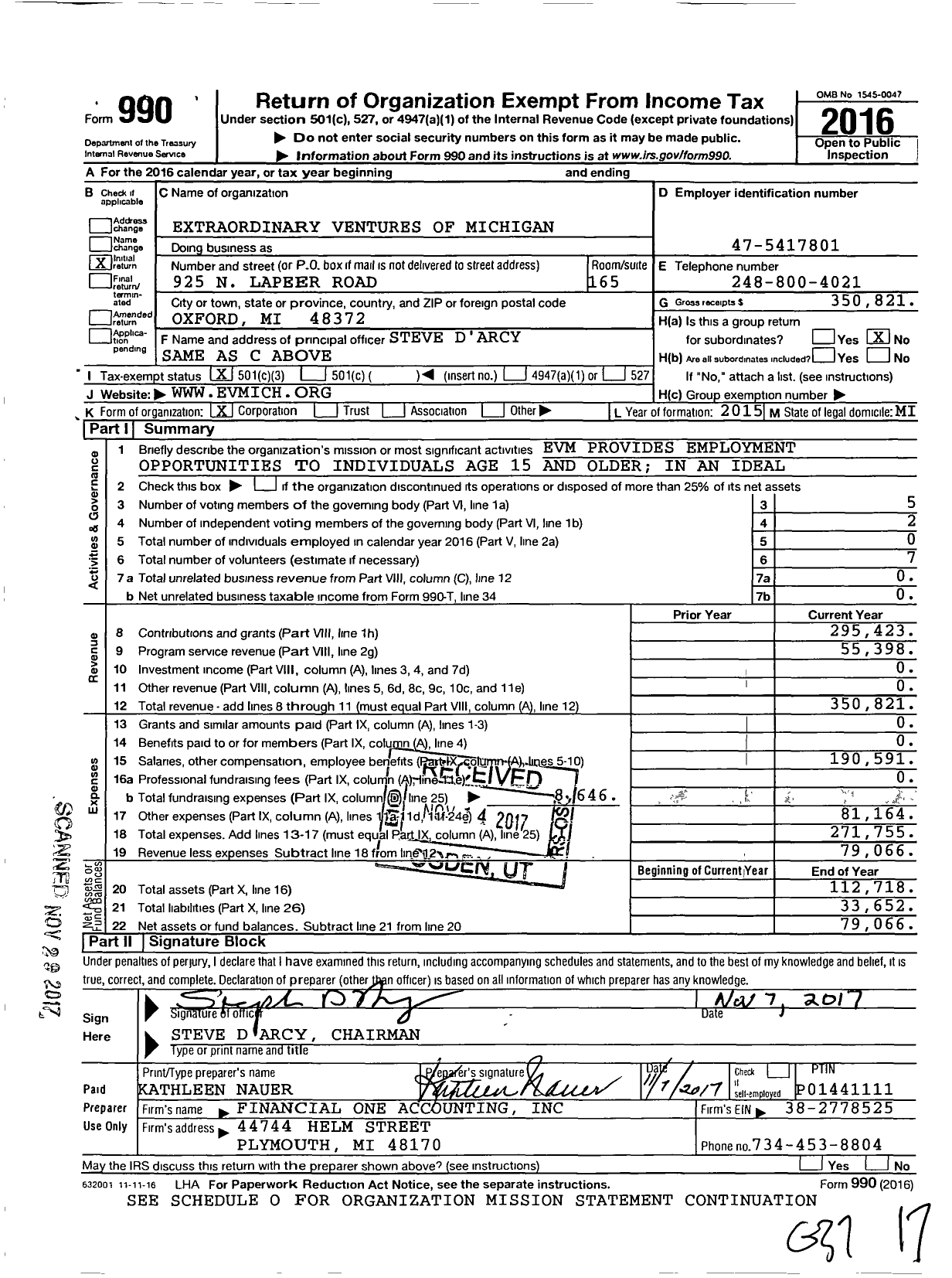Image of first page of 2016 Form 990 for Extraordinary Ventures of Michigan
