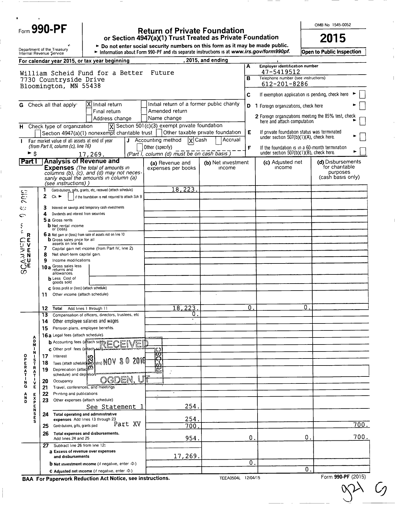 Image of first page of 2015 Form 990PF for William Scheid Fund for a Better Future