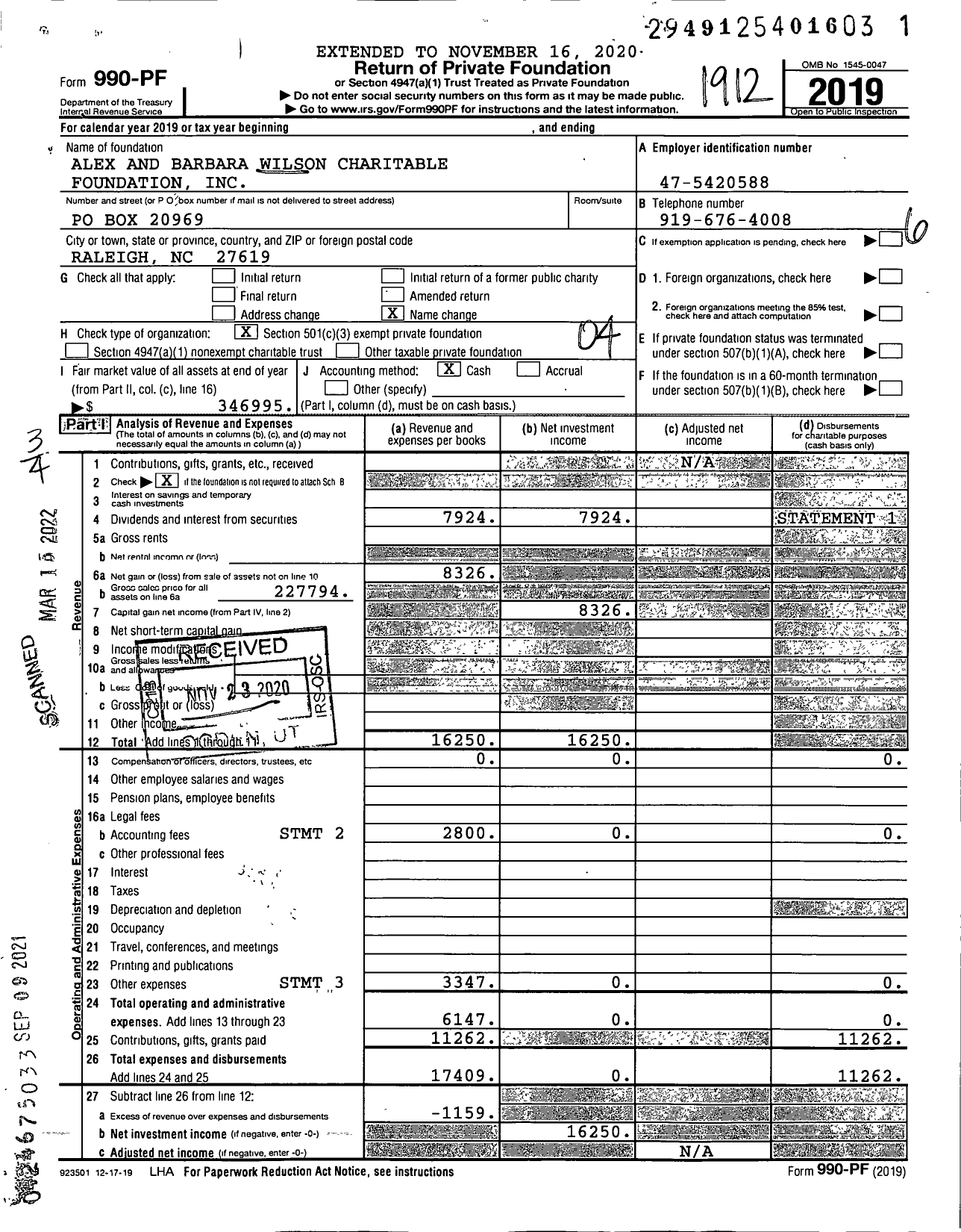 Image of first page of 2019 Form 990PF for Alex and Barbara Wilson Charitable Foundation