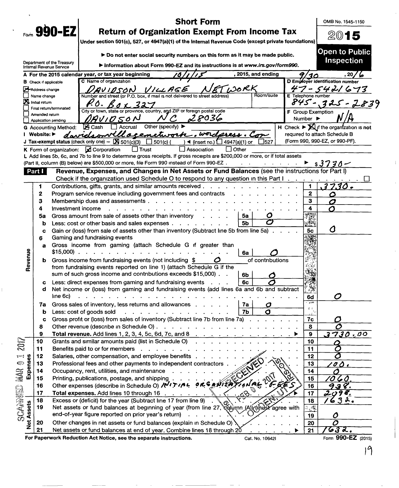 Image of first page of 2015 Form 990EZ for Davidson Village Network