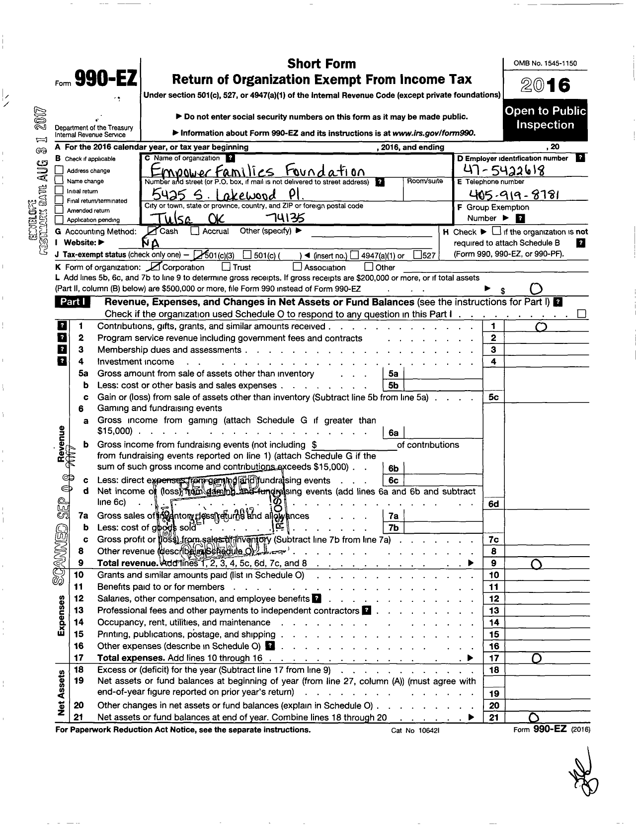 Image of first page of 2016 Form 990EZ for Empower Families Foundation