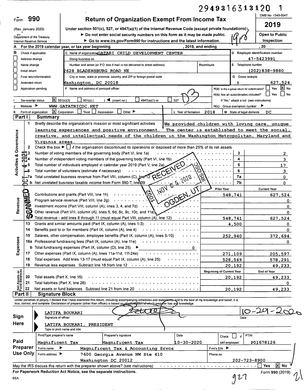 Image of first page of 2019 Form 990 for Gatari Child Development Center