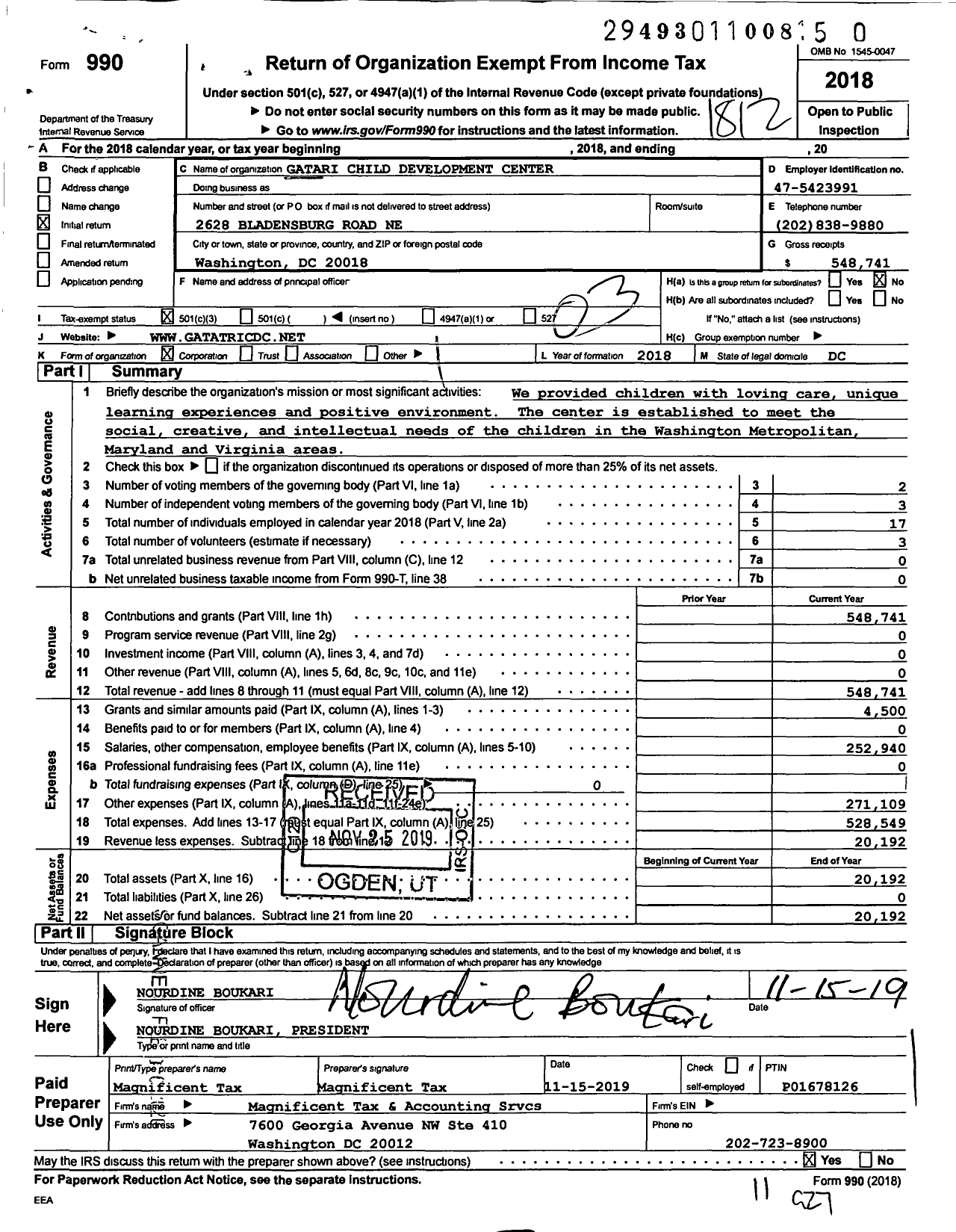 Image of first page of 2018 Form 990 for Gatari Child Development Center