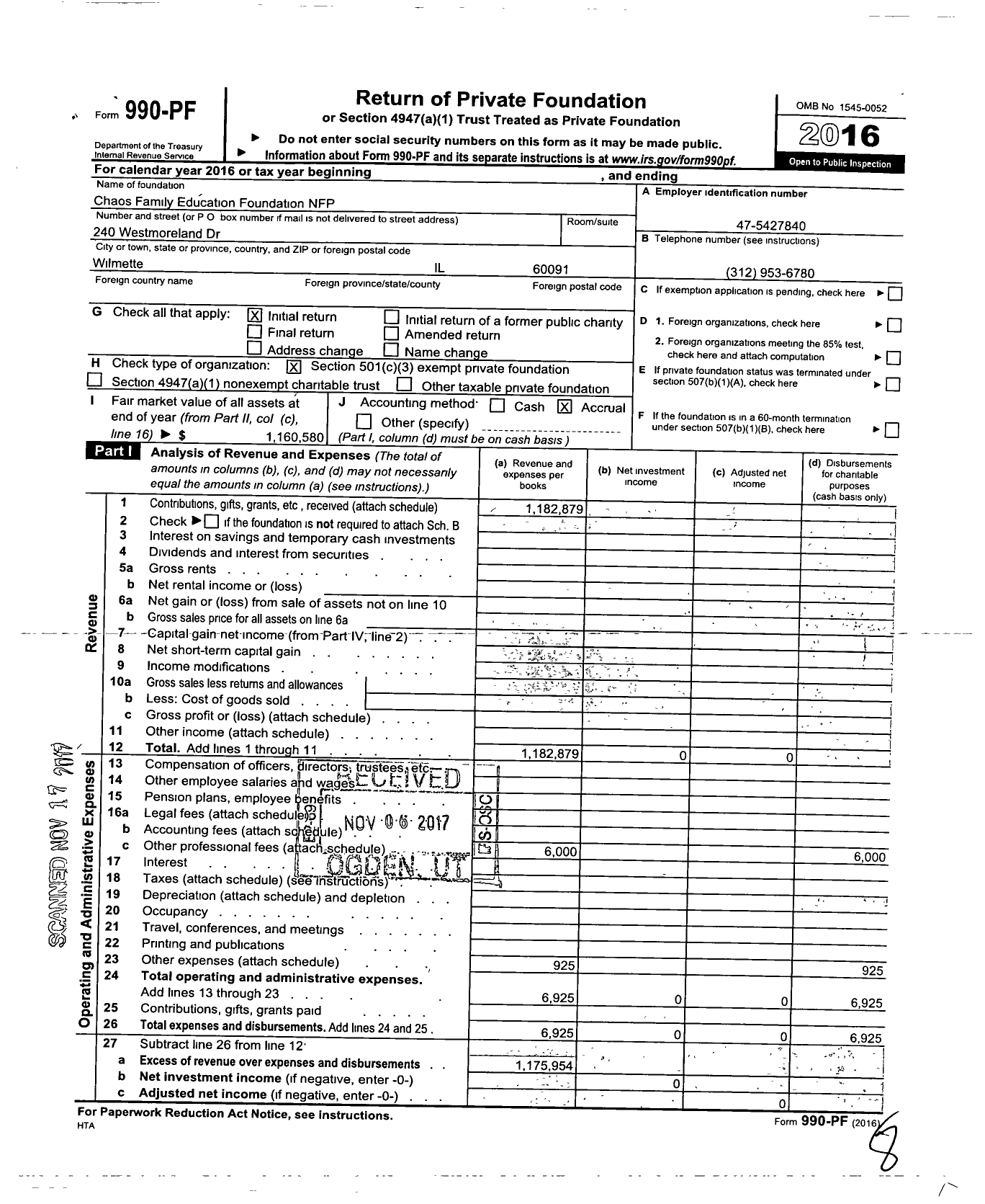 Image of first page of 2016 Form 990PF for S and T Chao Family Foundation