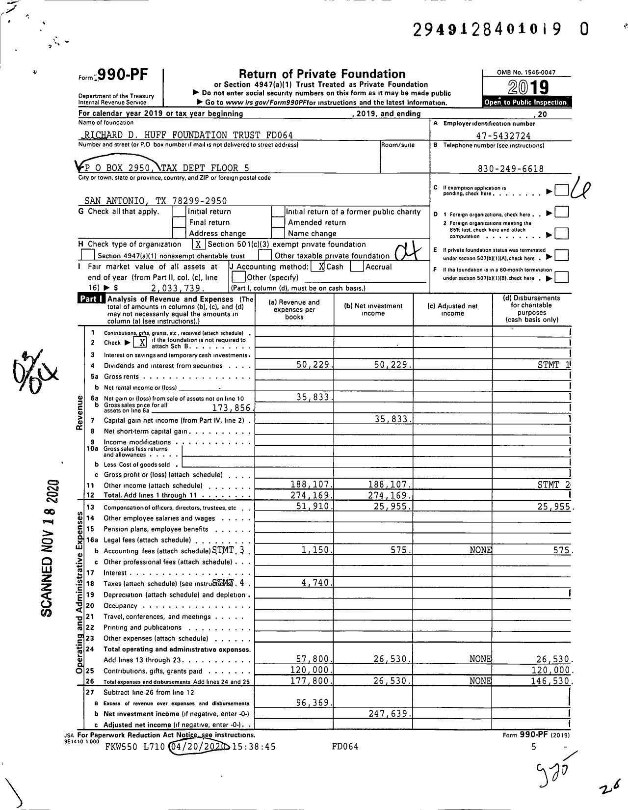 Image of first page of 2019 Form 990PF for Richard D Huff Foundation Trust FD064