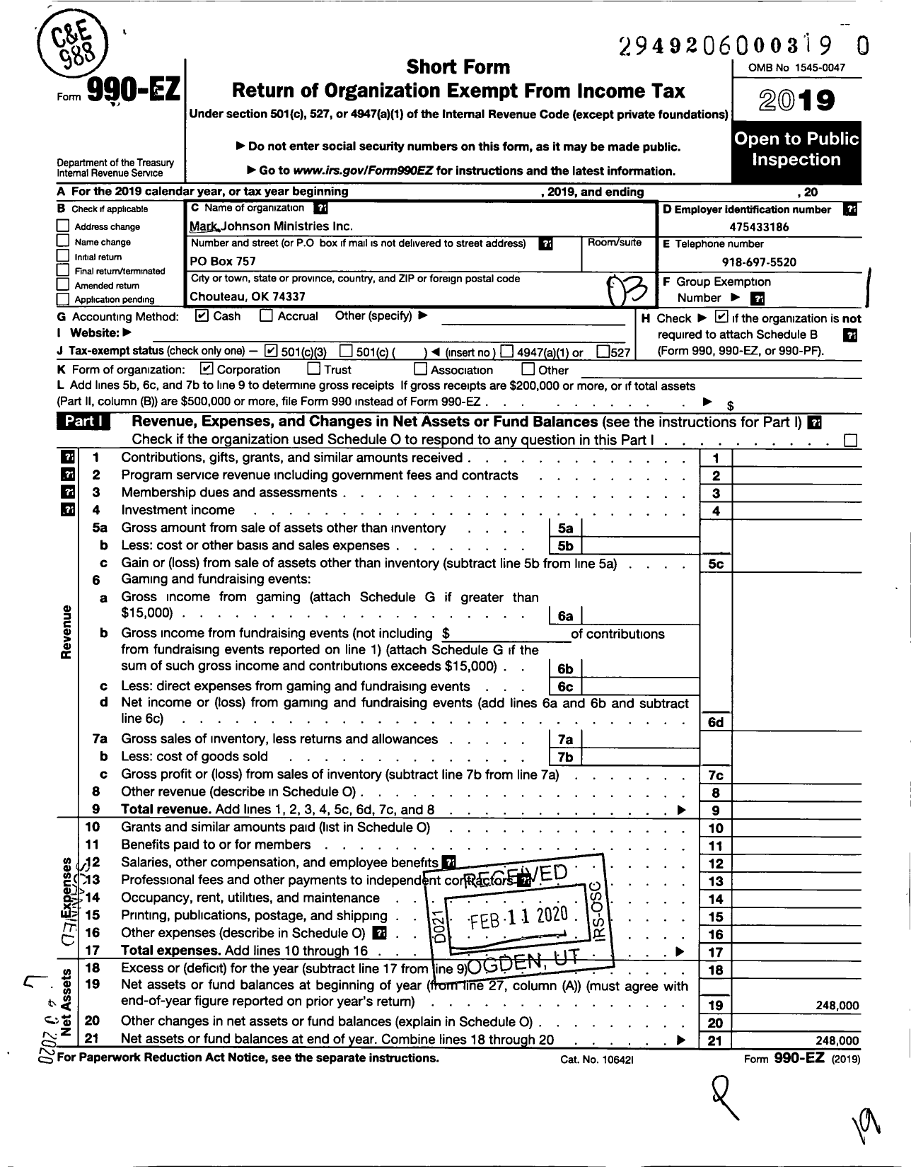 Image of first page of 2019 Form 990EZ for Mark Johnson Ministries