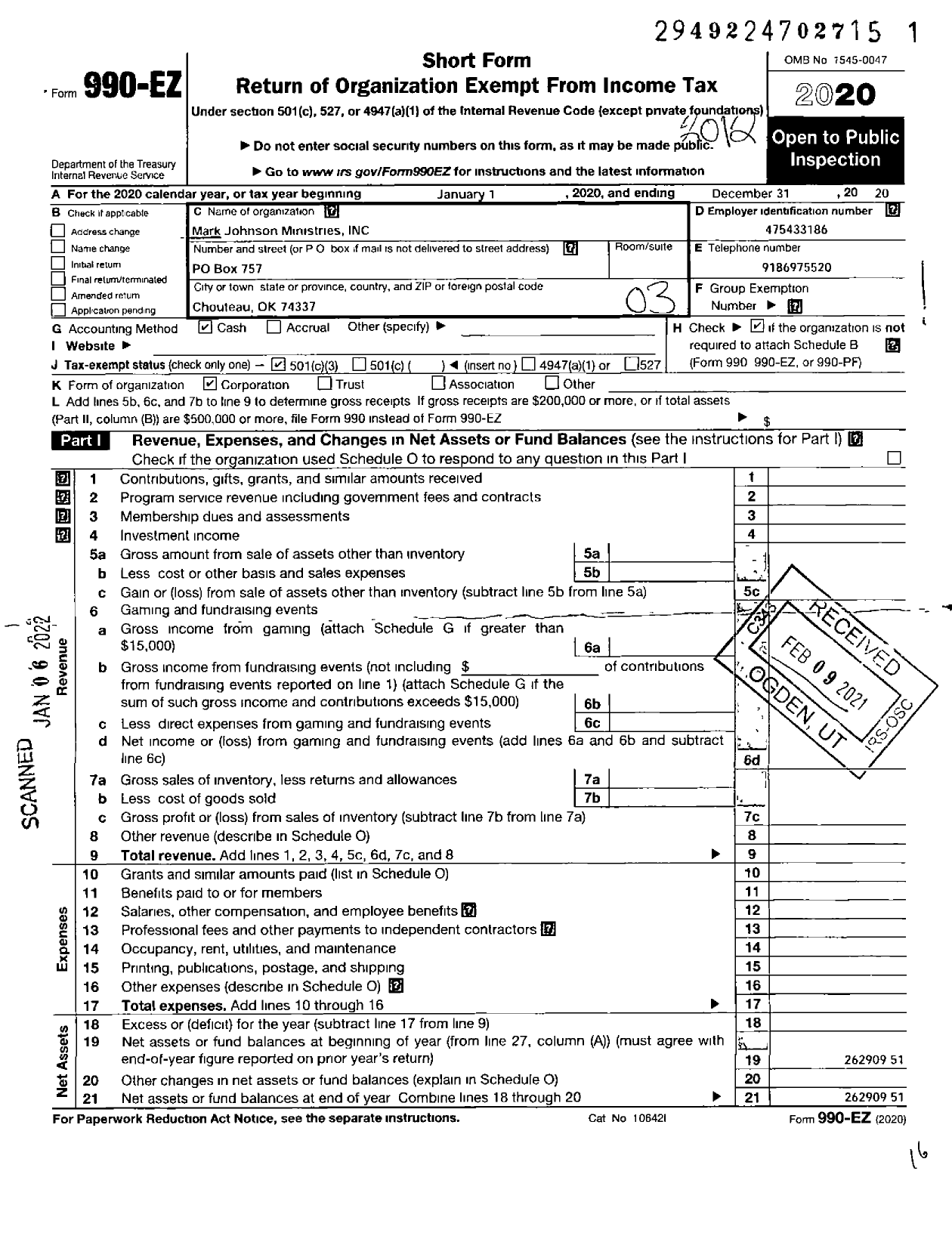 Image of first page of 2020 Form 990EZ for Mark Johnson Ministries