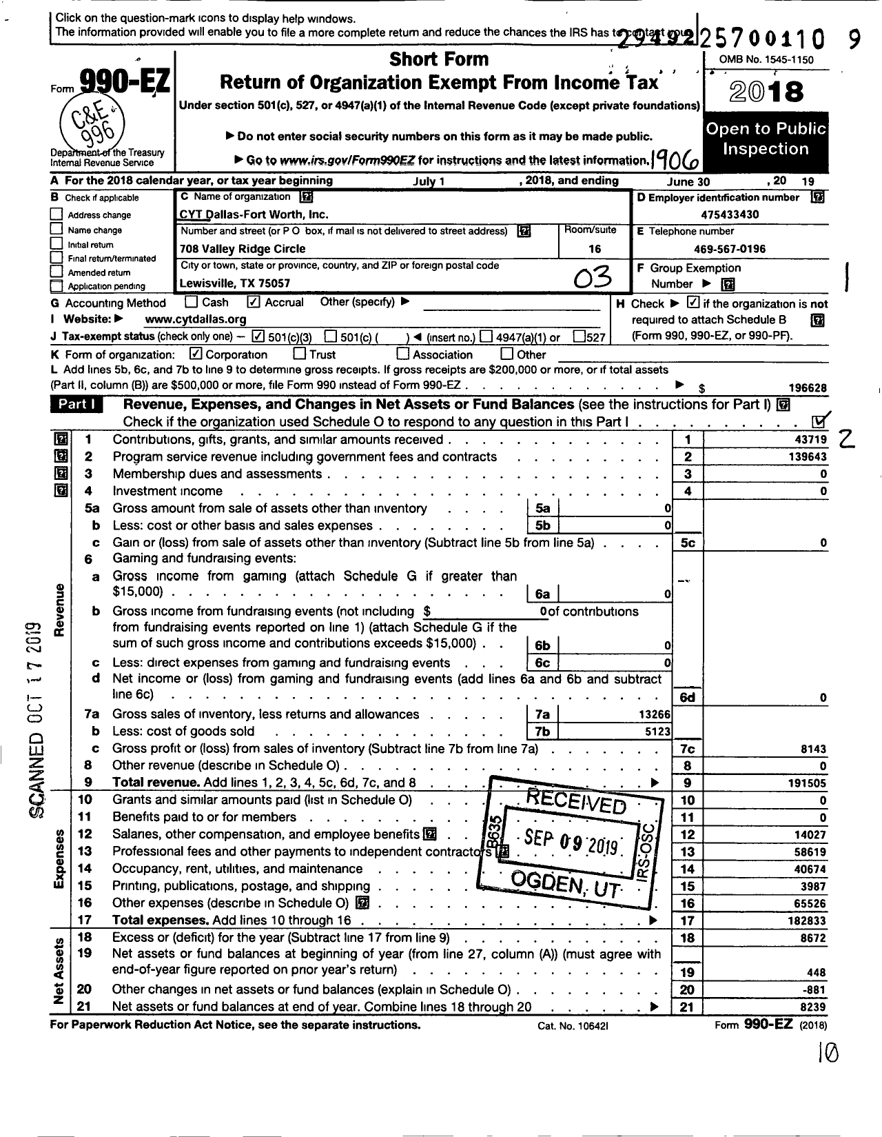 Image of first page of 2018 Form 990EZ for Cyt Dallas-Fort Worth