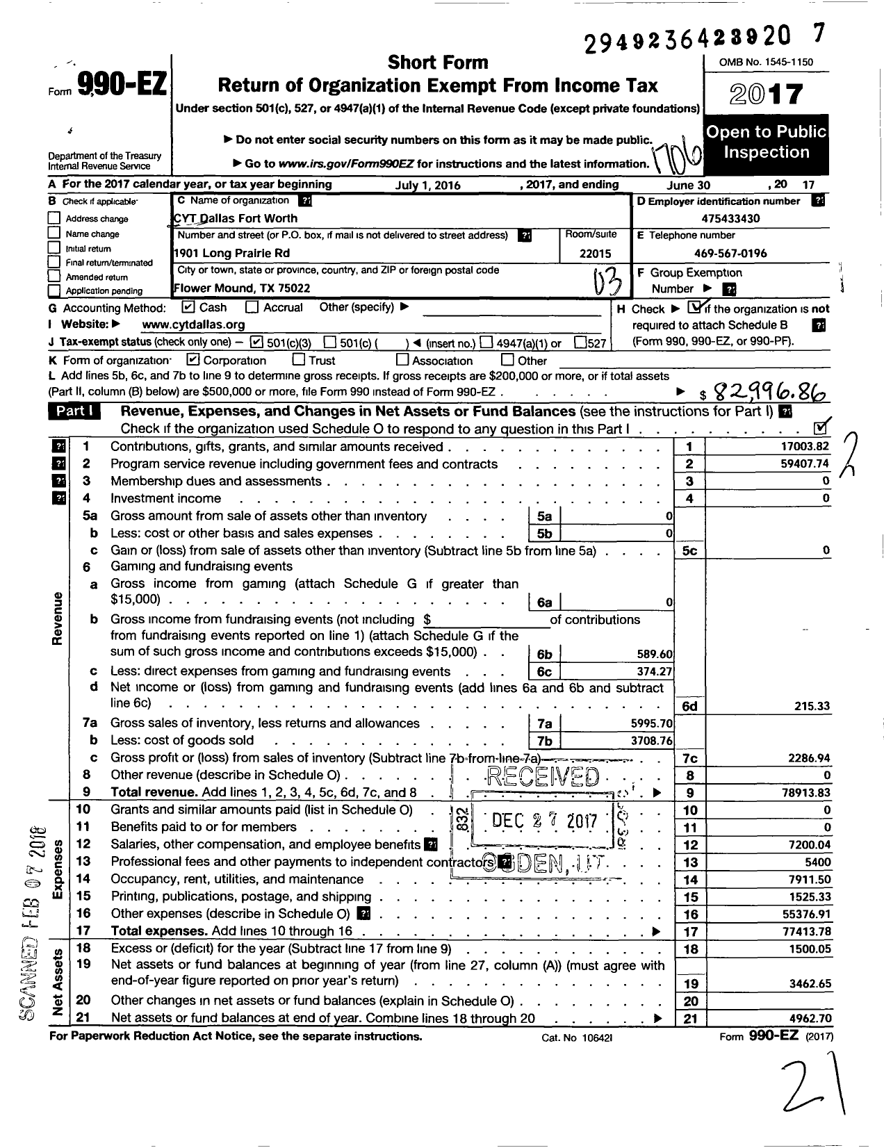 Image of first page of 2016 Form 990EZ for Cyt Dallas-Fort Worth